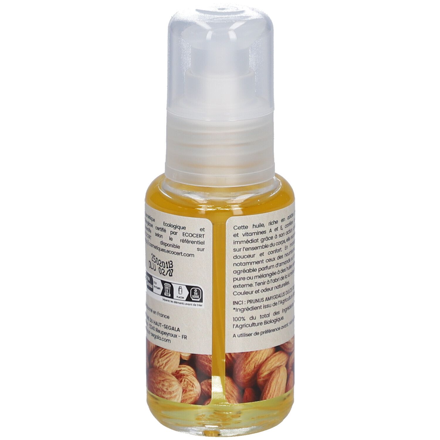 Ölflasche mit Spender. Rückseite mit Text. Mandelabbildung. Aufschrift: Huile d'amande douce biologique.