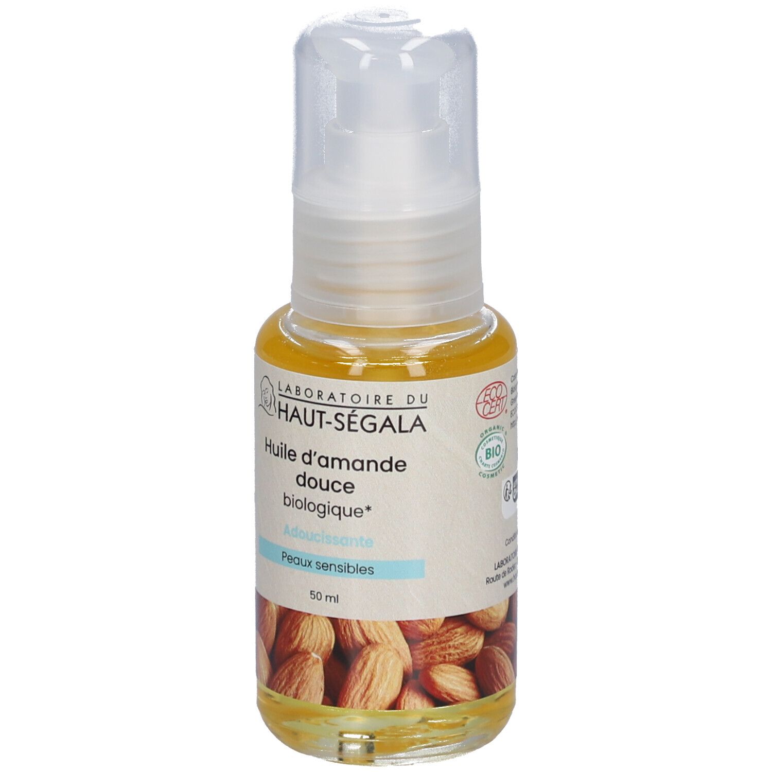 Ölflasche mit Spender. Aufschrift: Huile d'amande douce biologique, Adoucissante, Peaux sensibles. Bio-Siegel.