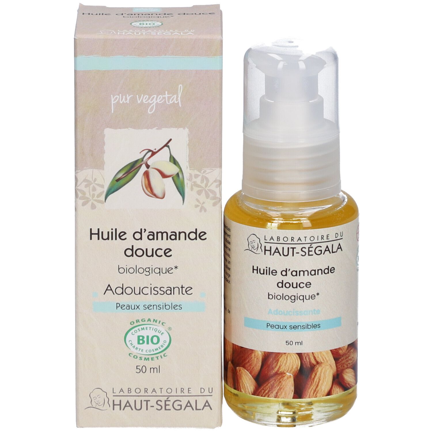 Ölflasche und Karton. Aufschrift: Huile d'amande douce biologique, Adoucissante, Peaux sensibles. Bio-Siegel.