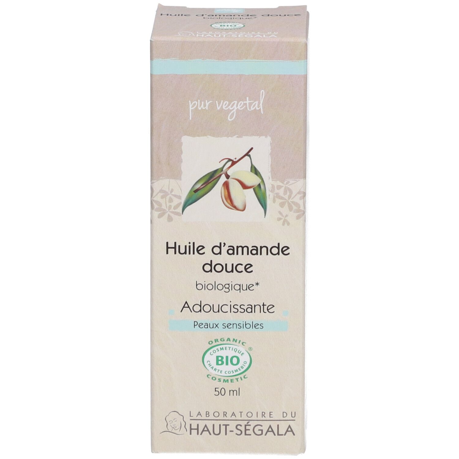 Karton. Aufschrift: Huile d'amande douce biologique, Adoucissante, Peaux sensibles. Bio-Siegel. 50 ml.