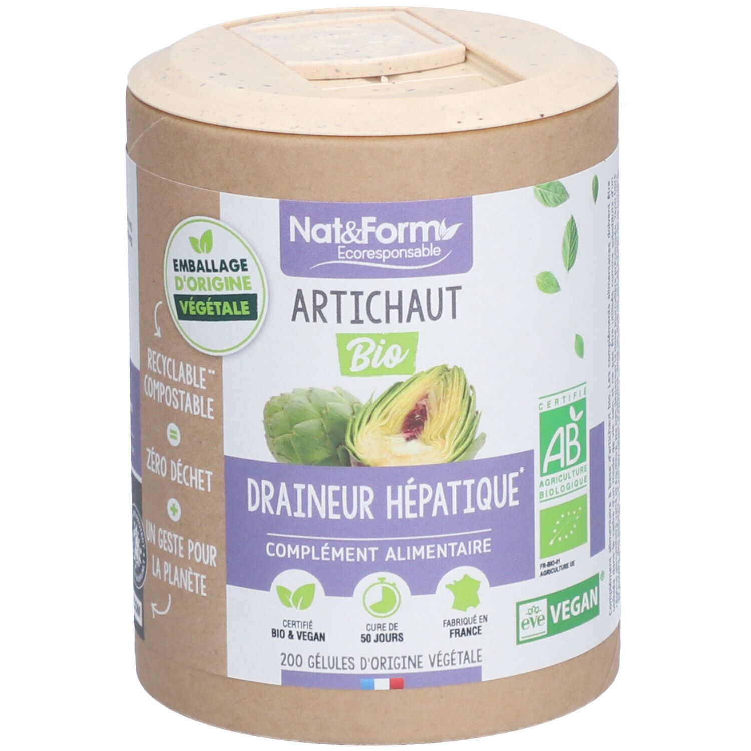 Zylinderdose mit 'Artichaut Bio' von Nat&Form. Verpackung aus Pflanzenmaterial, 200 Kapseln, vegan, AB-Zertifizierung.