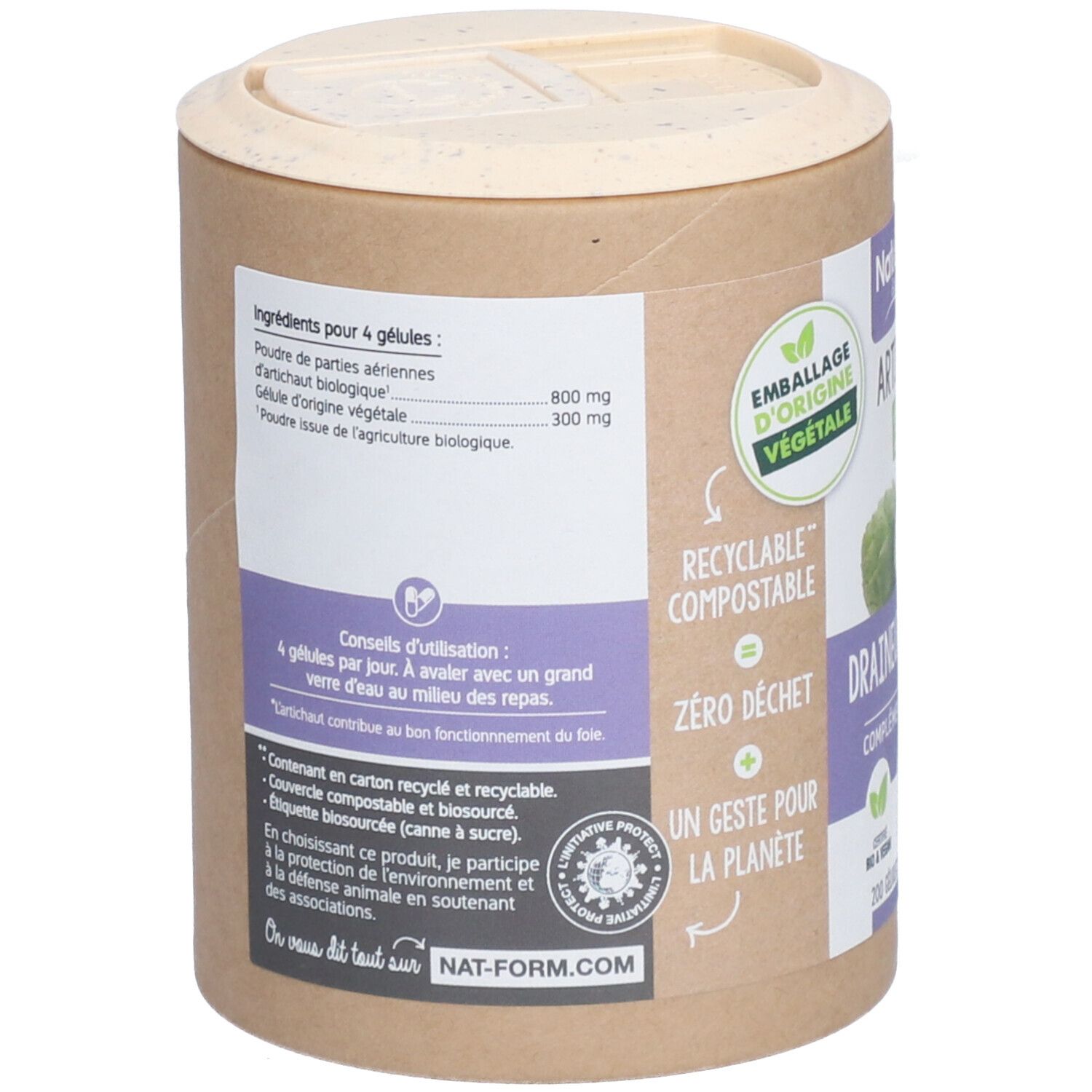 Rückseite der Dose mit Zutaten, Anwendungshinweisen und Informationen zu recycelbaren Materialien. Nat-Form Logo.