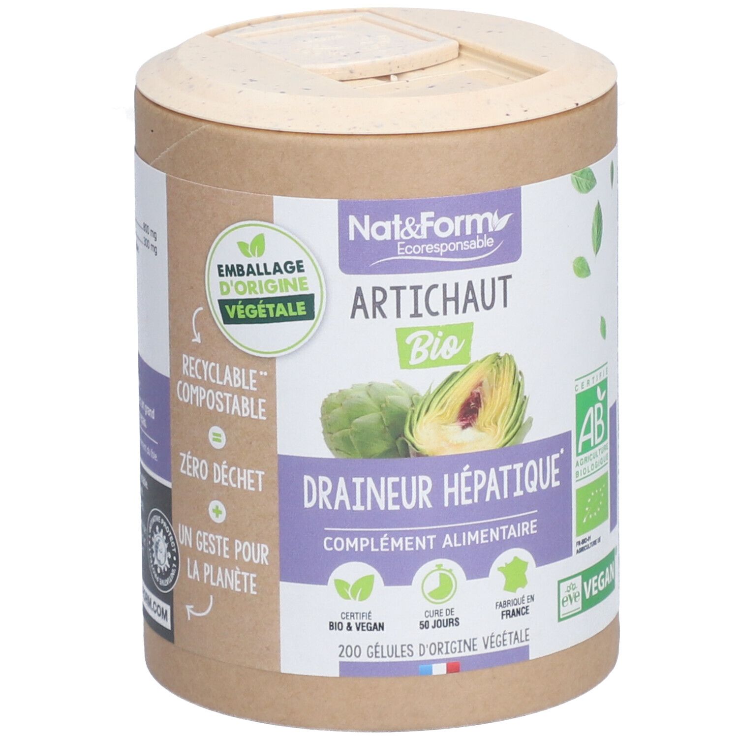 Zylinderdose 'Artichaut Bio' von Nat&Form. 'Draineur hépatique'. 200 Kapseln, vegan, AB-Zertifizierung. Verpackung aus Pflanzenmaterial.
