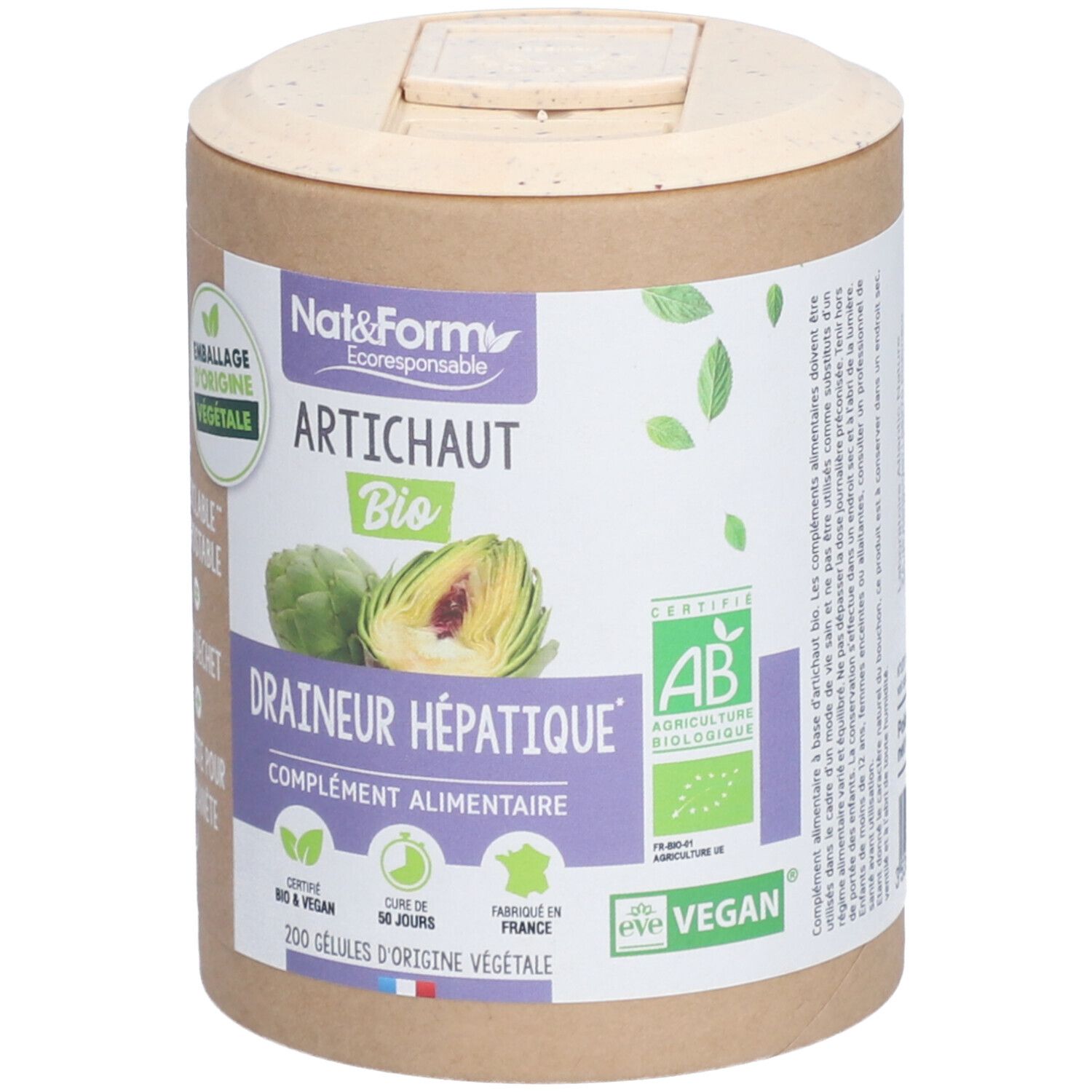 Zylinderdose 'Artichaut Bio' von Nat&Form. 'Draineur hépatique'. 200 Kapseln, vegan, AB-Zertifizierung. Verpackung aus Pflanzenmaterial.