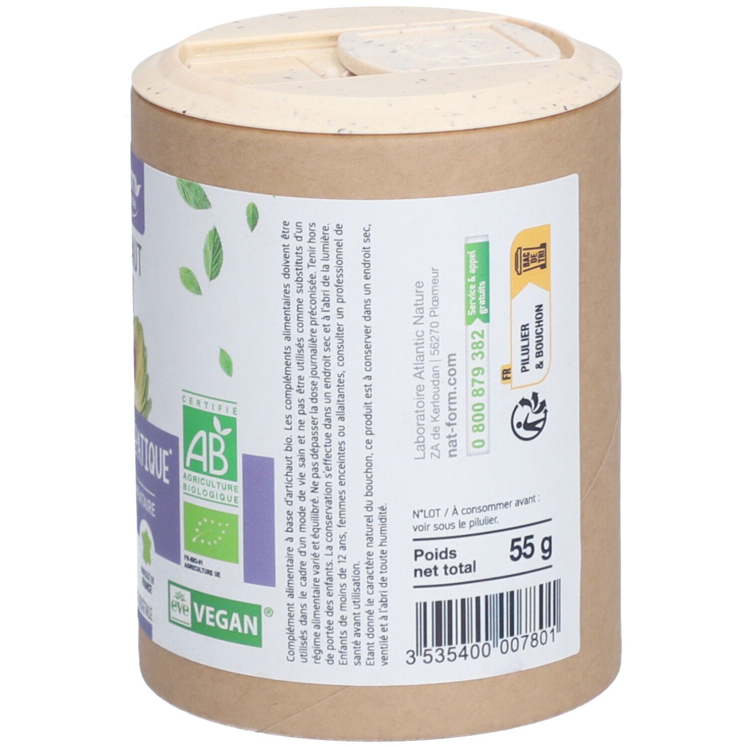 Rückseite der Dose mit Informationen. AB-Zertifizierung, vegan. Gewicht 55g. 'Pilier & Bouchon'.