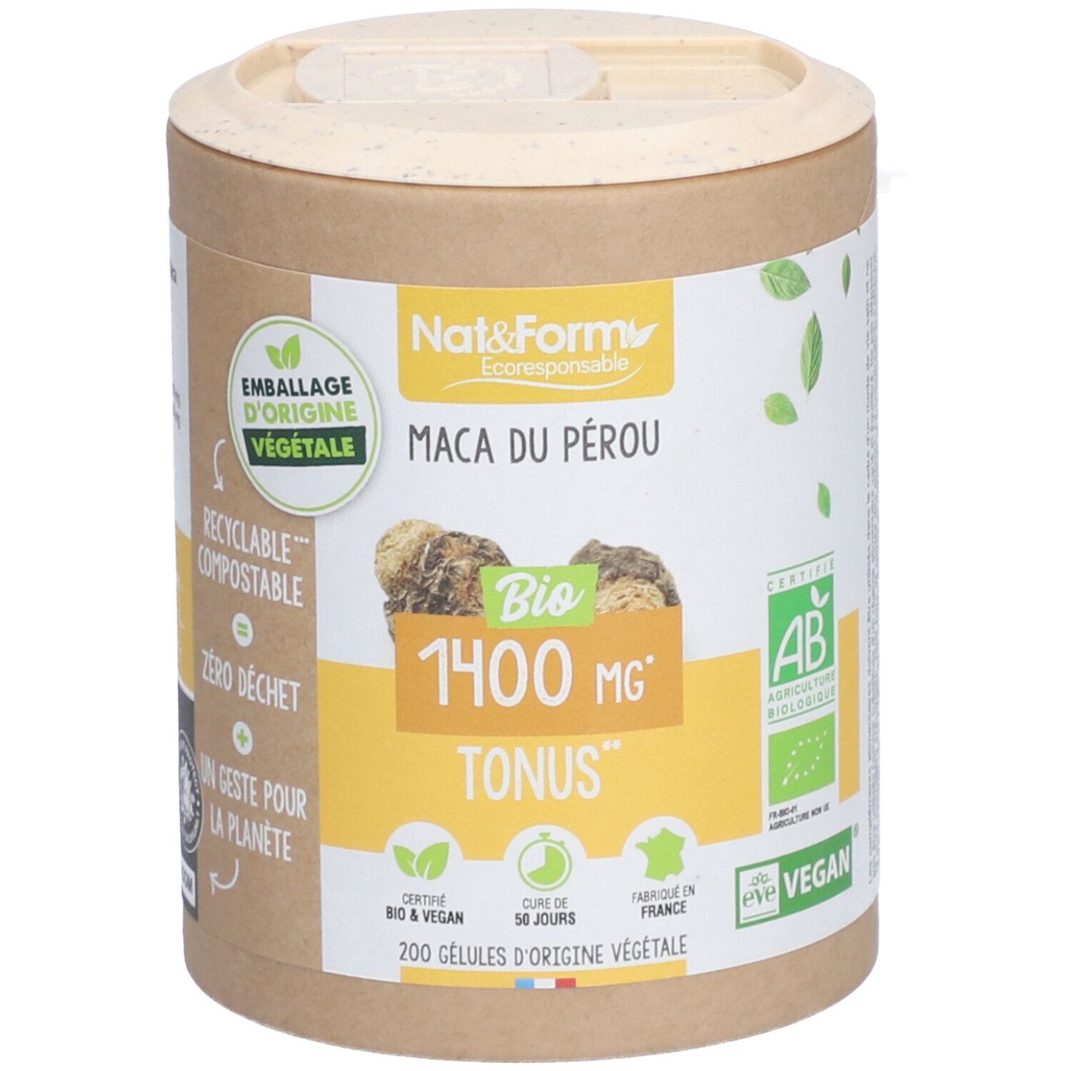 Zylinderförmige Dose mit Aufschrift "Maca du Pérou Bio". Enthält 200 Kapseln. Mit AB-Bio-Zertifizierung und Vegan-Siegel.