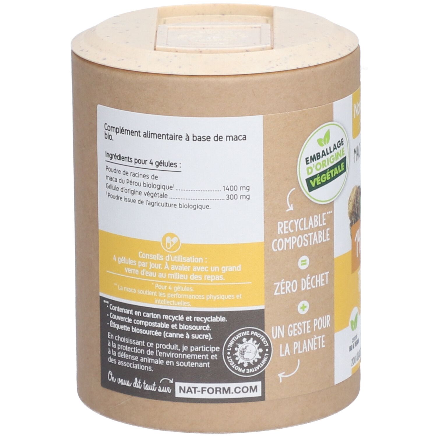 Rückseite der Dose mit Inhaltsangaben: Maca-Wurzel, pflanzliche Kapsel. Hinweise zur Anwendung. Recycelbare, kompostierbare Verpackung.