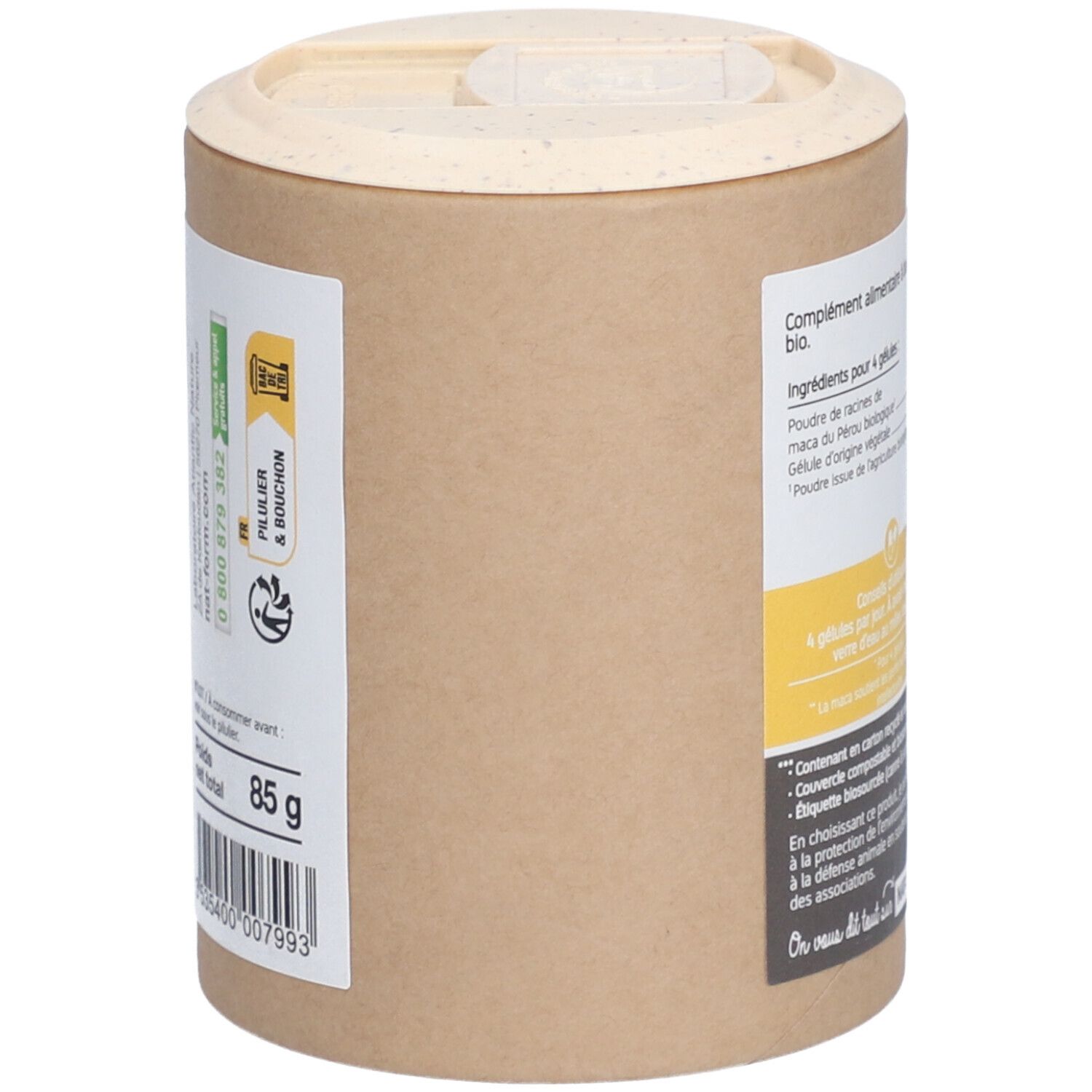 Dose mit Etikett. Enthält 85g. Informationen zu Inhaltsstoffen und Hersteller. Recycelbare, kompostierbare Verpackung.