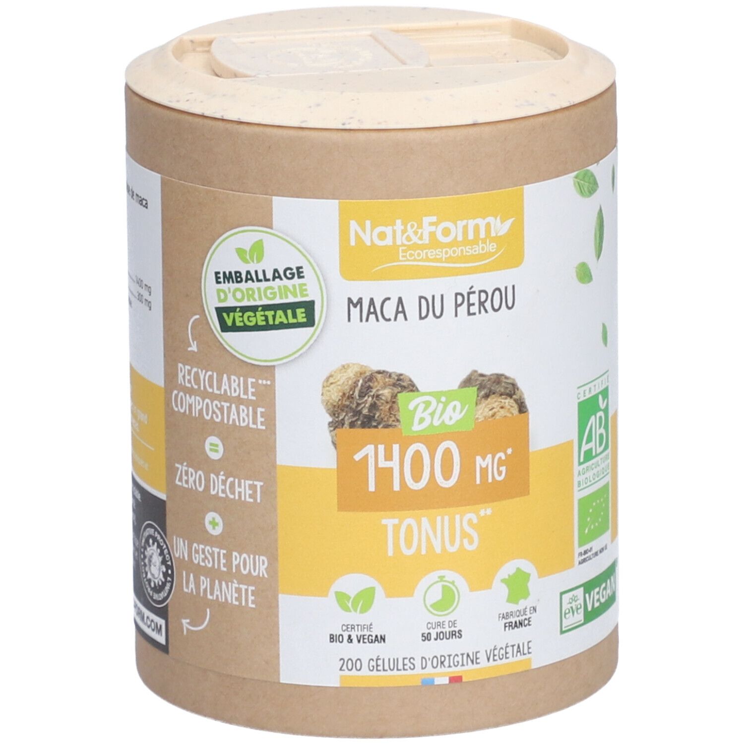 Zylinderförmige Dose mit Aufschrift "Maca du Pérou Bio". Enthält 200 Kapseln. Mit AB-Bio-Zertifizierung und Vegan-Siegel.