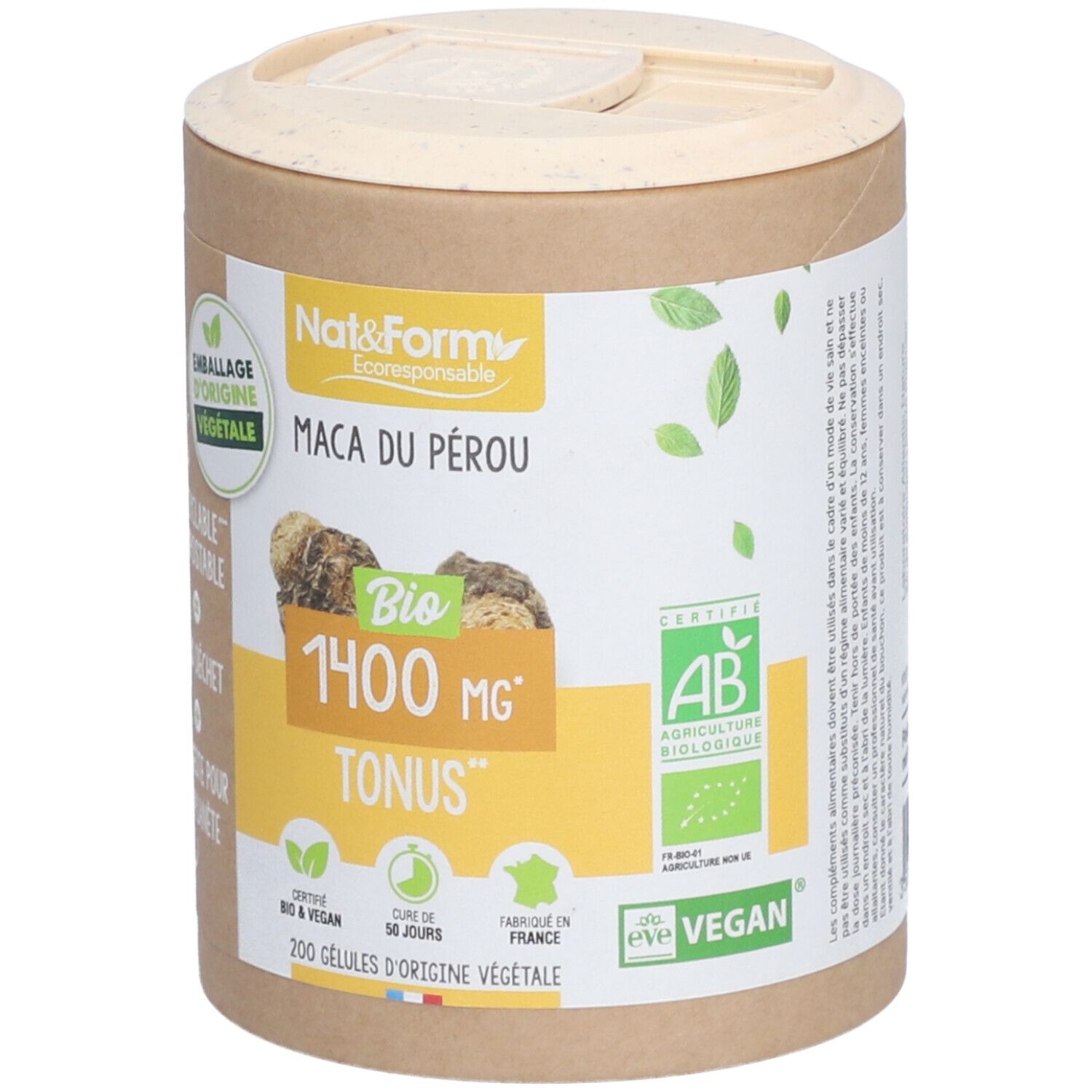 Zylinderförmige Dose mit Aufschrift "Maca du Pérou Bio". Enthält 200 Kapseln. Mit AB-Bio-Zertifizierung und Vegan-Siegel.