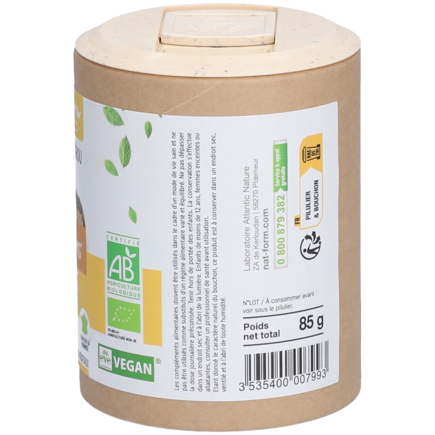 Rückseite der Dose mit Inhaltsangaben, Warnhinweisen und Herstellerinformationen. Enthält 85g. Vegan-Siegel.
