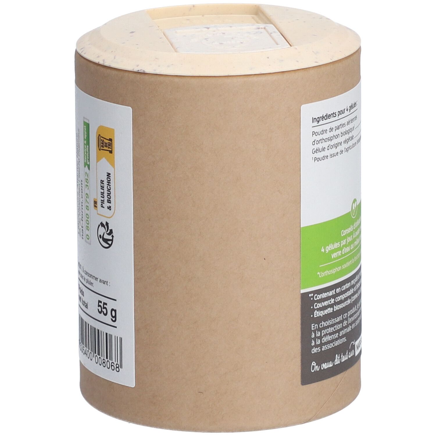 Dose, Seitenansicht. Etikett mit Inhaltsangabe, Gewicht 55g. Barcode. Zertifizierung AB.