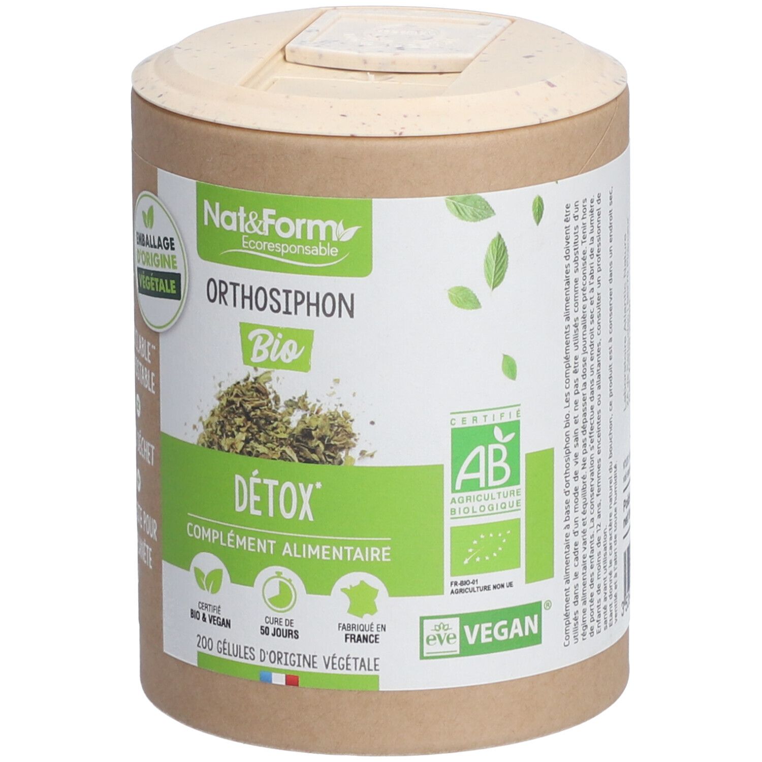 Zylindrische Dose mit Etikett. Aufschrift: Orthosiphon Bio, Detox, complément alimentaire. Zertifizierungen: AB, Vegan.