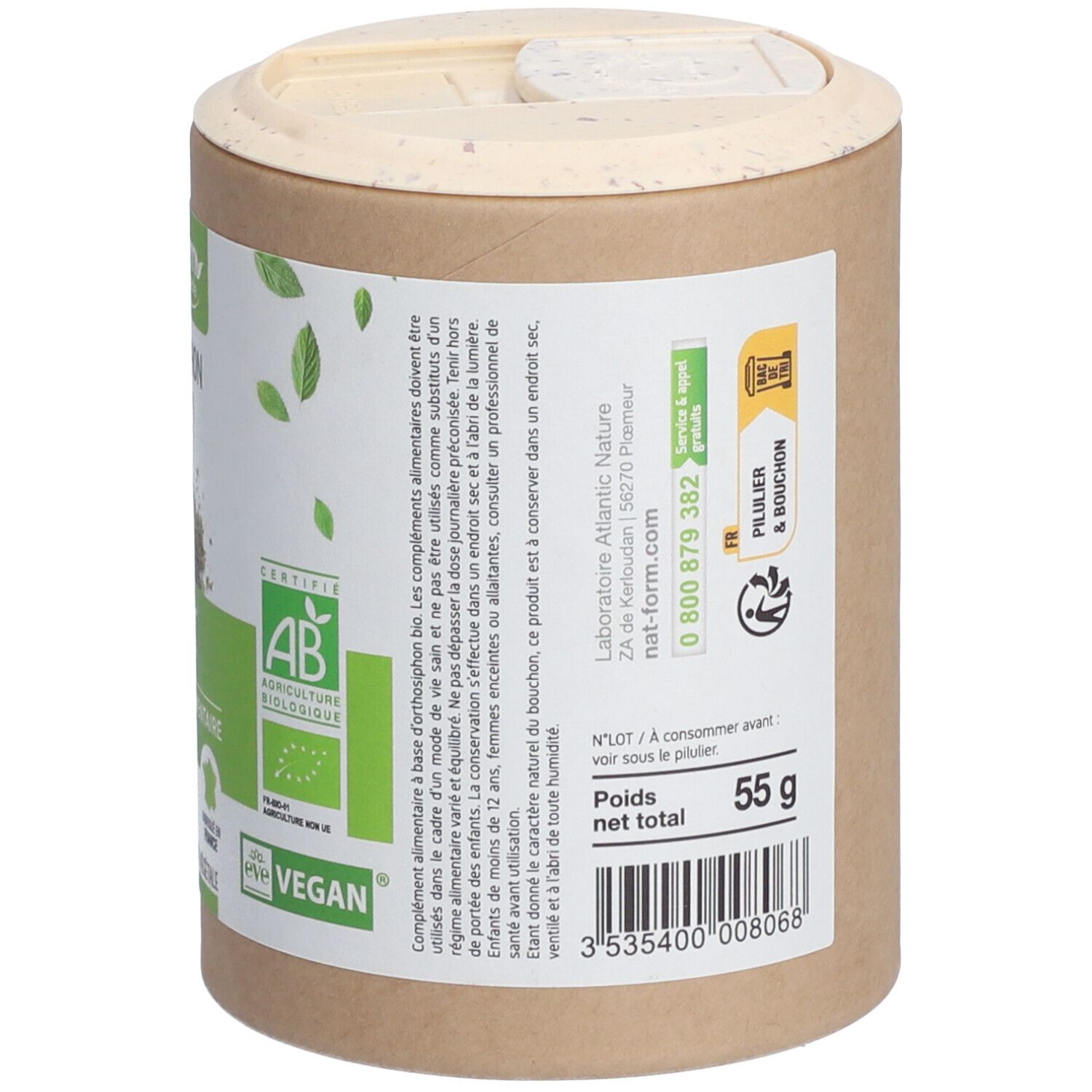 Dose, Seitenansicht. Etikett mit Inhaltsangabe, Gewicht 55g. Barcode. Zertifizierung AB.