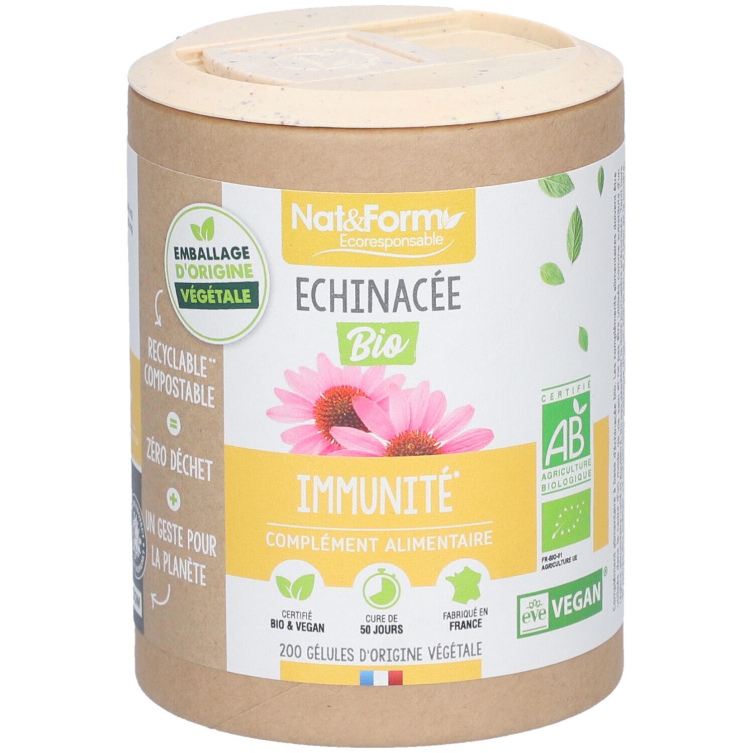 Zylinderförmige Verpackung mit Produktinformationen. Aufschrift: Échinacée Bio, Immunität, 200 Kapseln. Zertifizierungen: AB, Vegan.