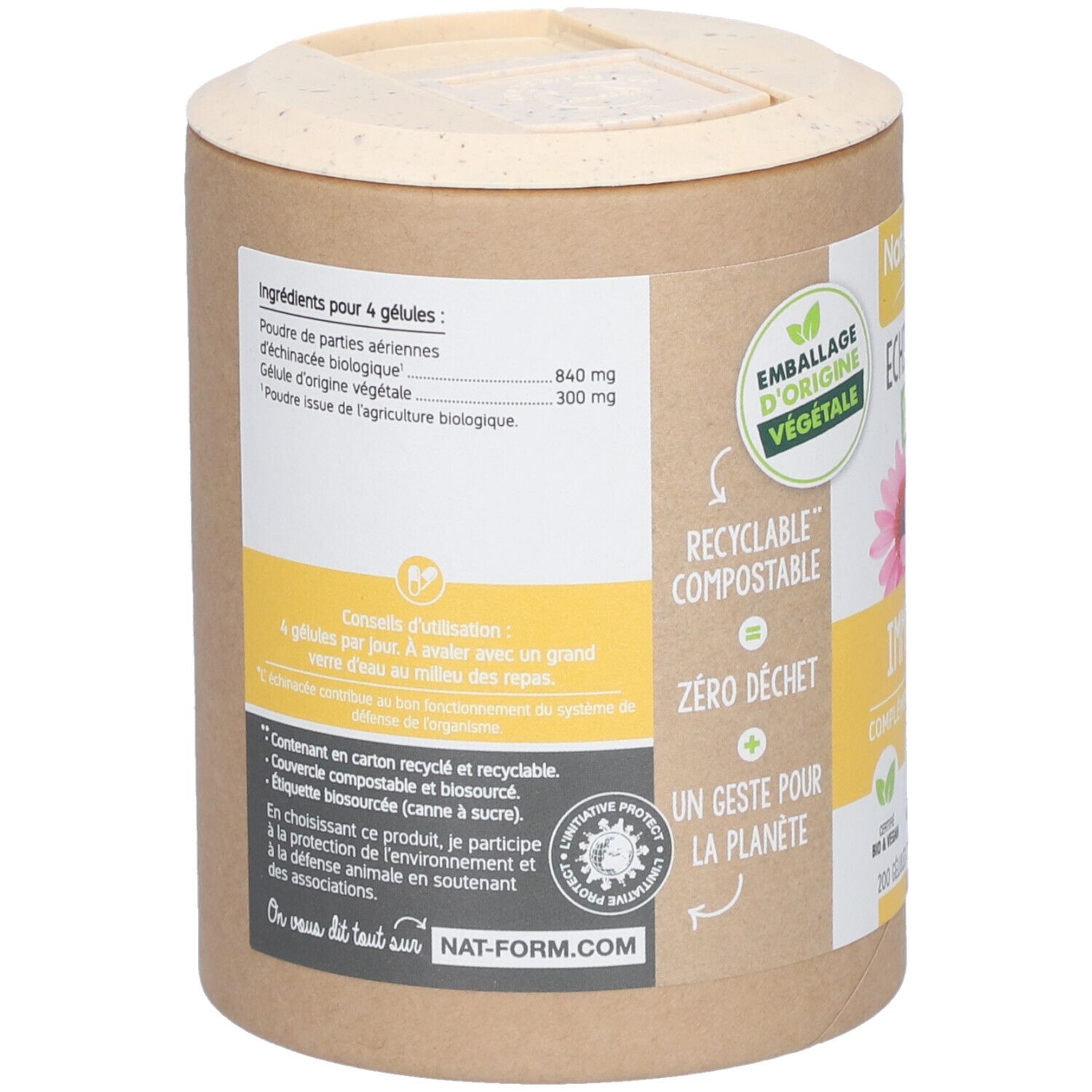 Rückseite der zylinderförmigen Verpackung. Enthält Inhaltsstoffe, Anwendungshinweise und Informationen zur Nachhaltigkeit. Text: NAT-FORM.COM.