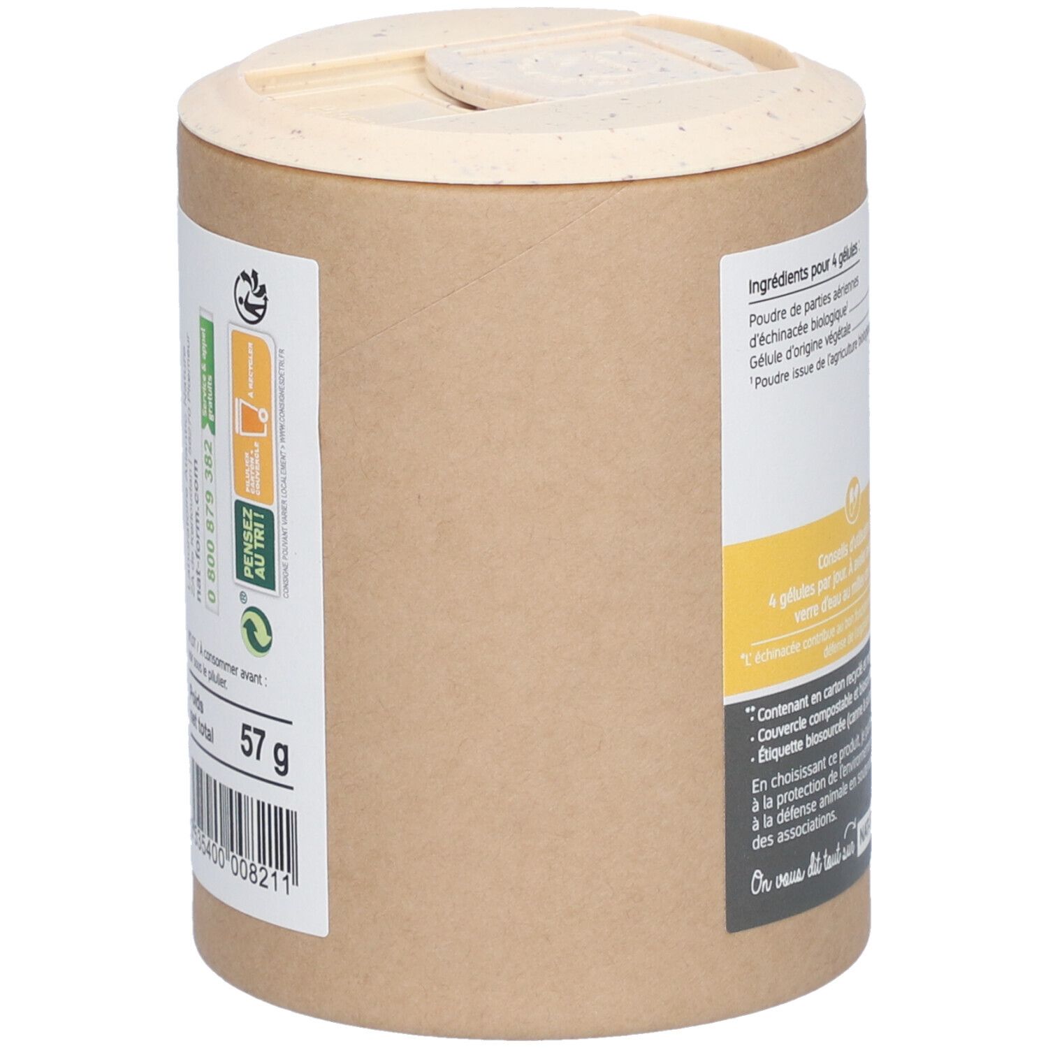 Zylinderförmige Verpackung, Seitenansicht. Gewicht: 57 g. Informationen zu Recycling und Kontakt. Text: NAT-FORM.COM.