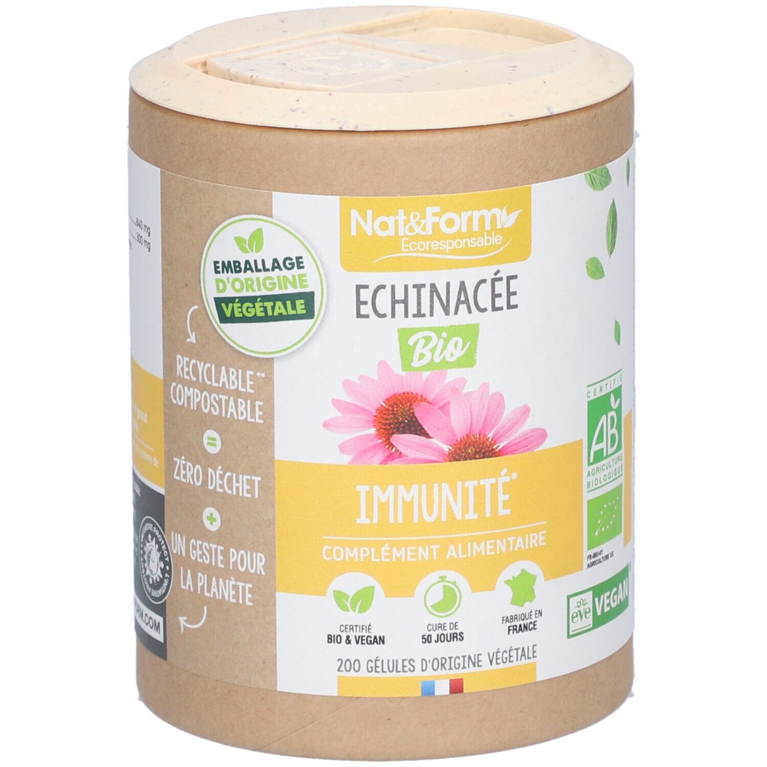Zylinderförmige Verpackung mit Produktinformationen. Aufschrift: Échinacée Bio, Immunität, 200 Kapseln. Zertifizierungen: AB, Vegan.