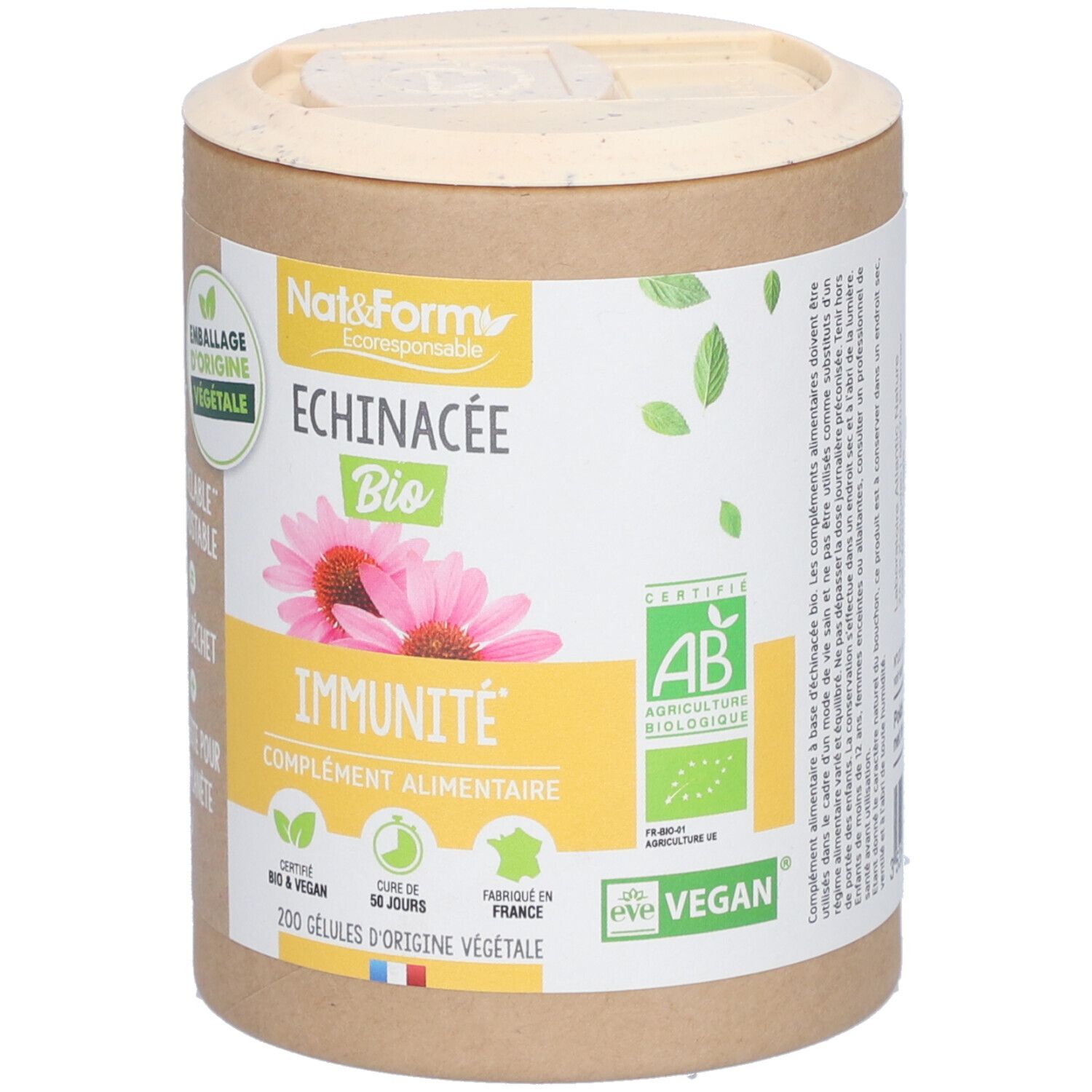 Zylinderförmige Verpackung mit Produktinformationen. Aufschrift: Échinacée Bio, Immunität, 200 Kapseln. Zertifizierungen: AB, Vegan.