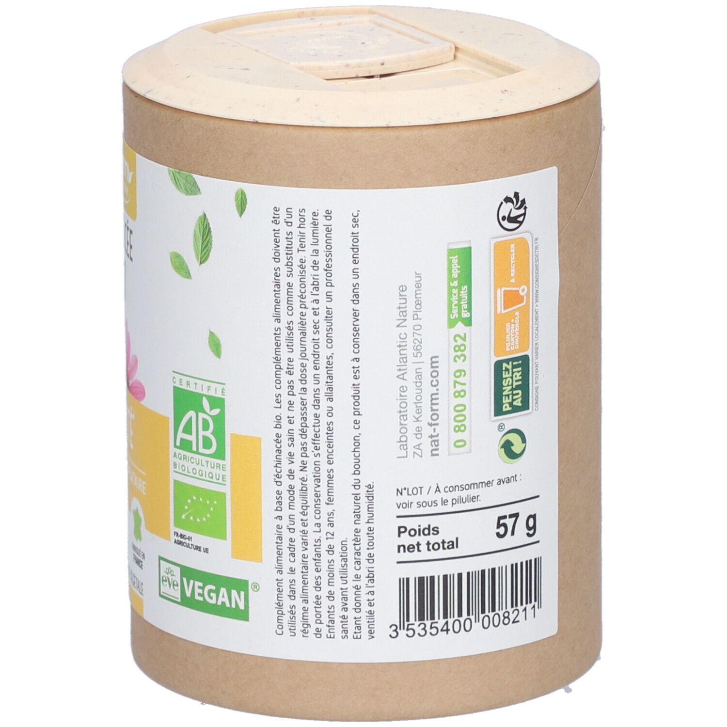 Zylinderförmige Verpackung, Seitenansicht. Gewicht: 57 g. Informationen zu Recycling und Kontakt. Text: NAT-FORM.COM.