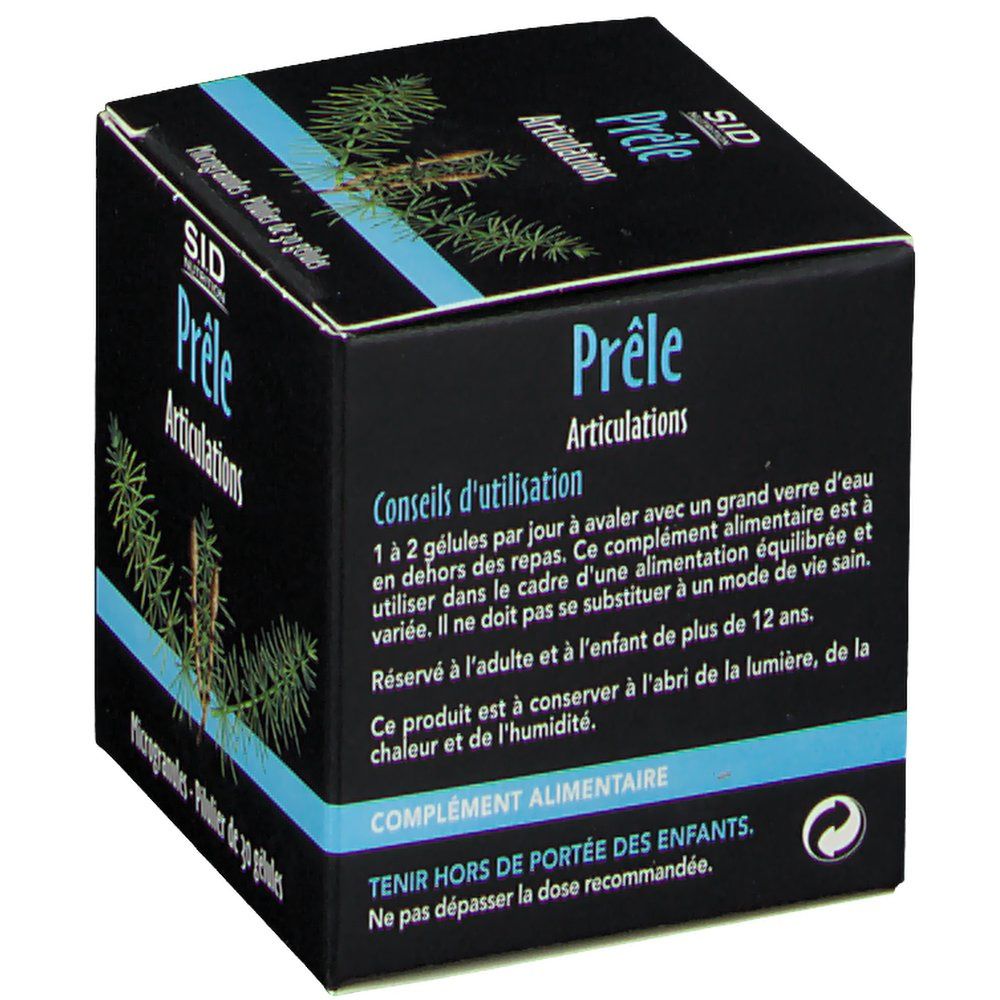 Rückseite der SID Nutrition Prêle Articulations Packung mit Anwendungshinweisen.
