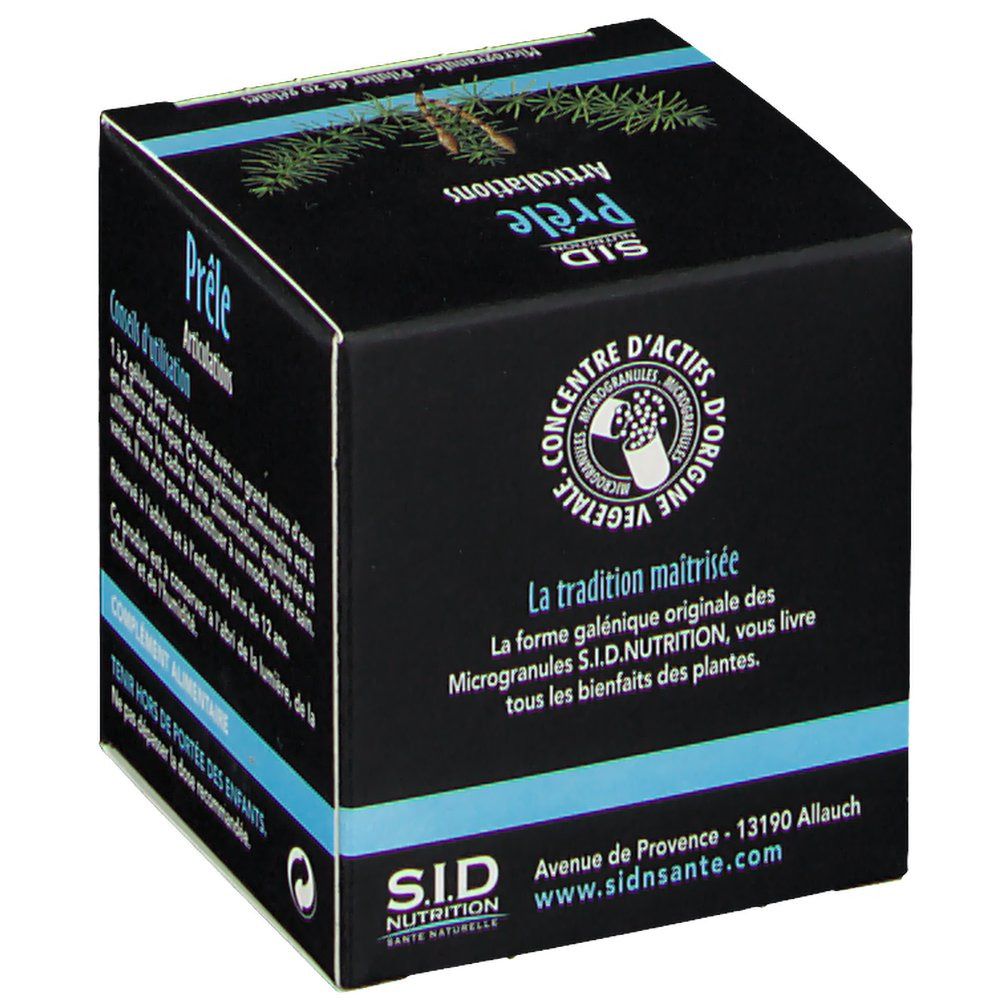 Seitenansicht der SID Nutrition Prêle Articulations Packung mit Herstelleradresse.
