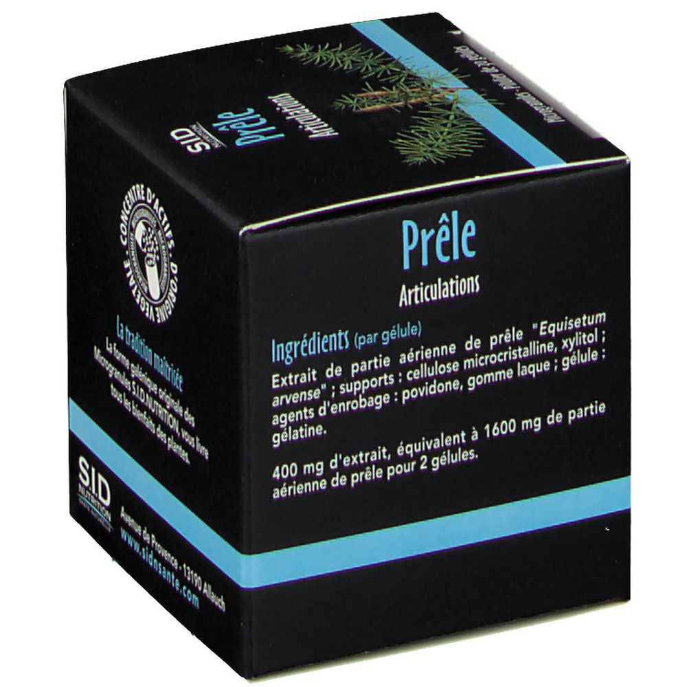 Seitenansicht der SID Nutrition Prêle Articulations Packung mit Zutatenliste.