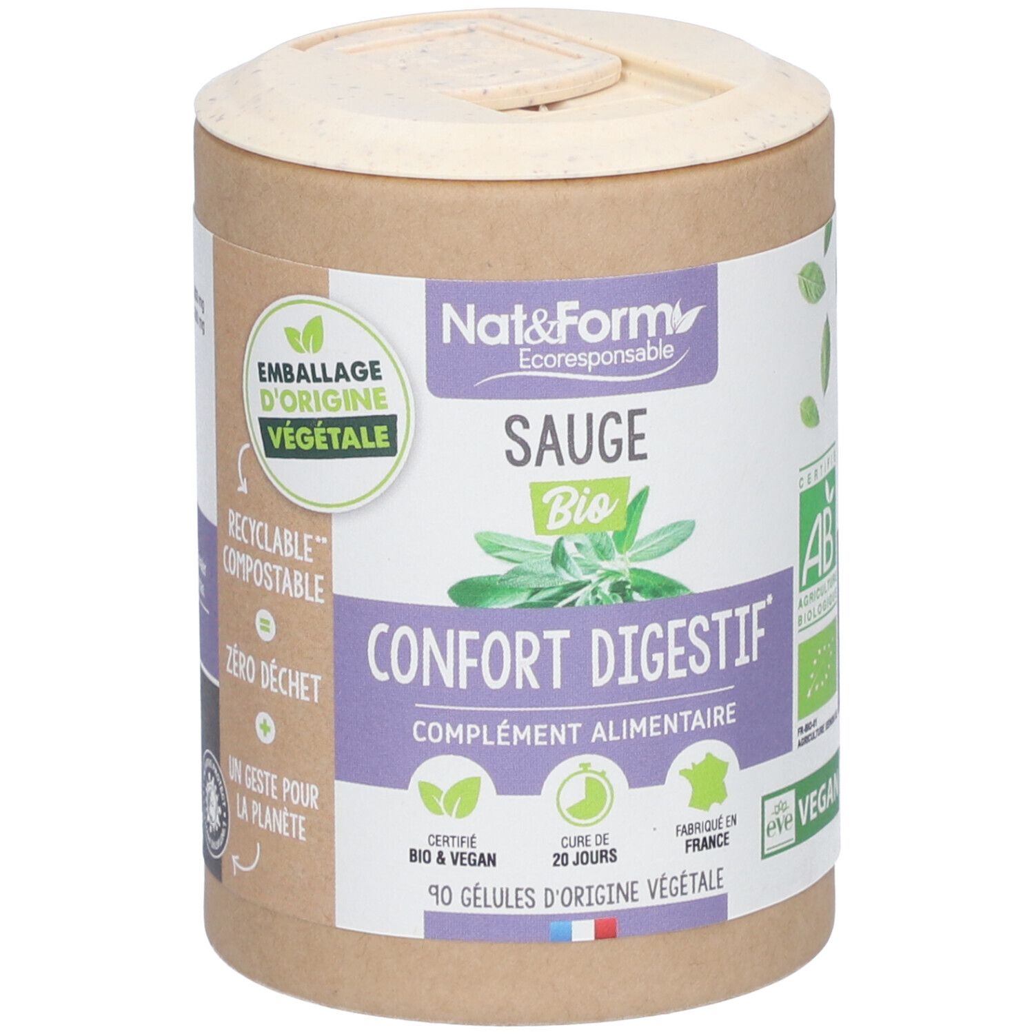 Zylinderförmige Verpackung mit "Nat&Form Sauge Bio". Aufschrift "Confort Digestif". Bio- und vegan-Zertifizierungen.
