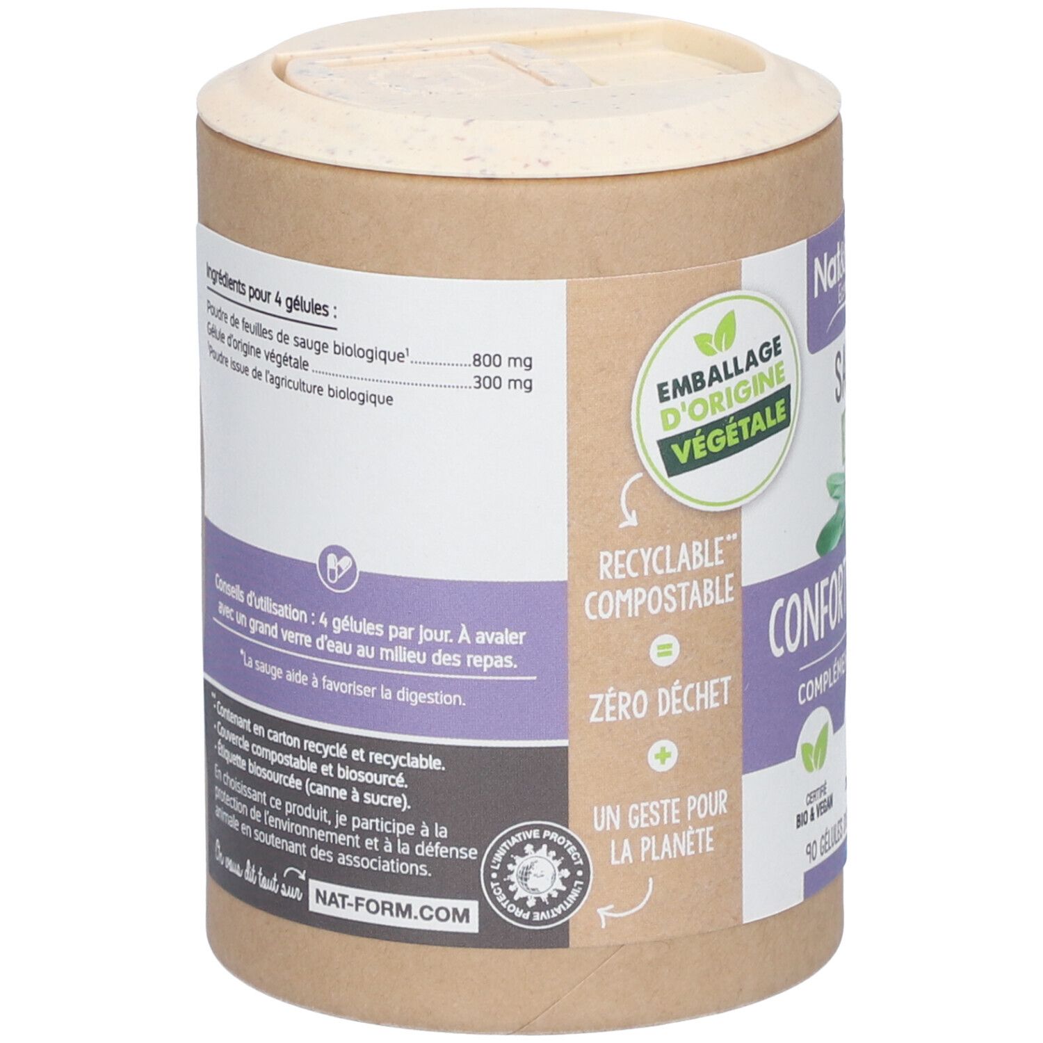Rückseite der zylinderförmigen Verpackung. Enthält Informationen zu Inhaltsstoffen und Anwendung. "Emballage d'origine végétale".
