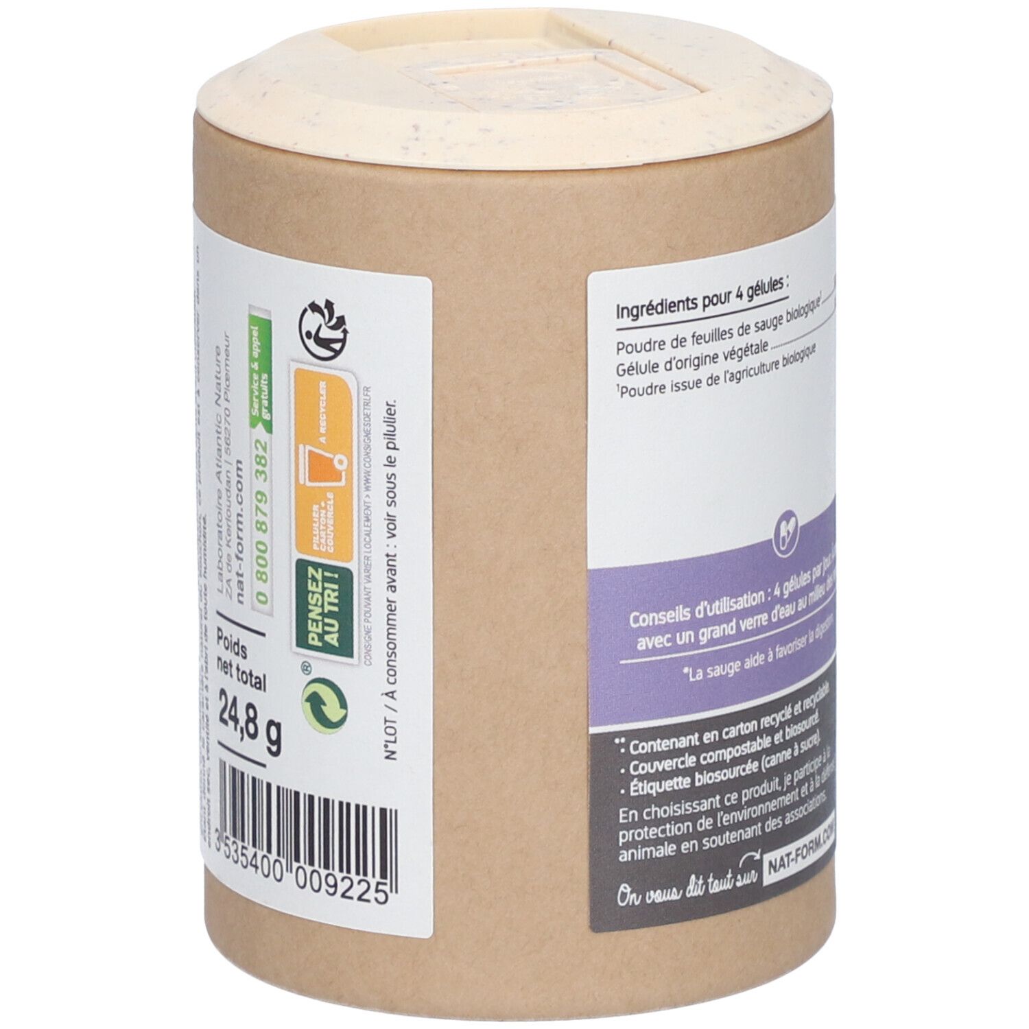 Seitenansicht der zylinderförmigen Verpackung. Enthält Informationen zu Inhaltsstoffen und Gewicht. Barcode.
