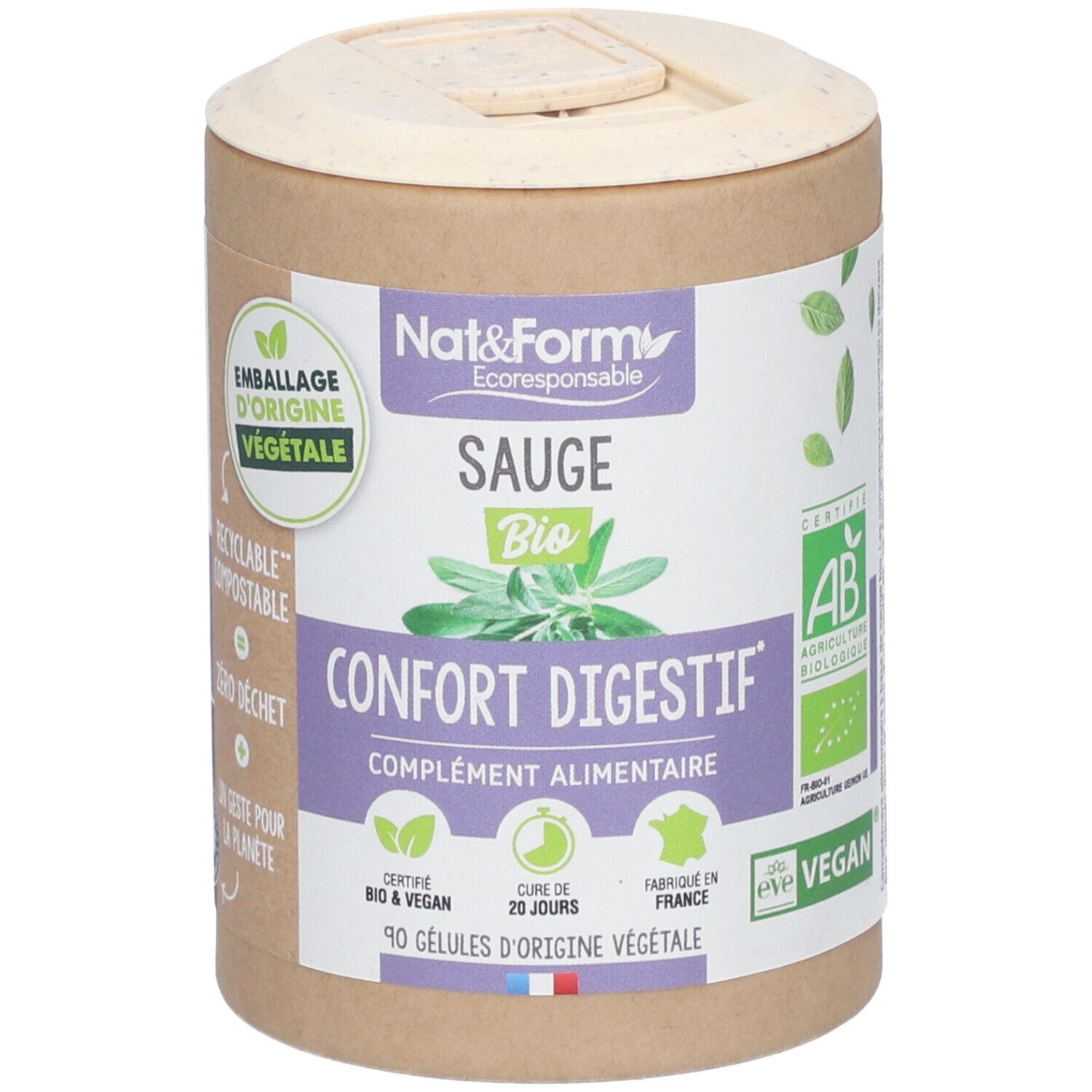 Zylinderförmige Verpackung mit "Nat&Form Sauge Bio". Aufschrift "Confort Digestif". Bio- und vegan-Zertifizierungen.