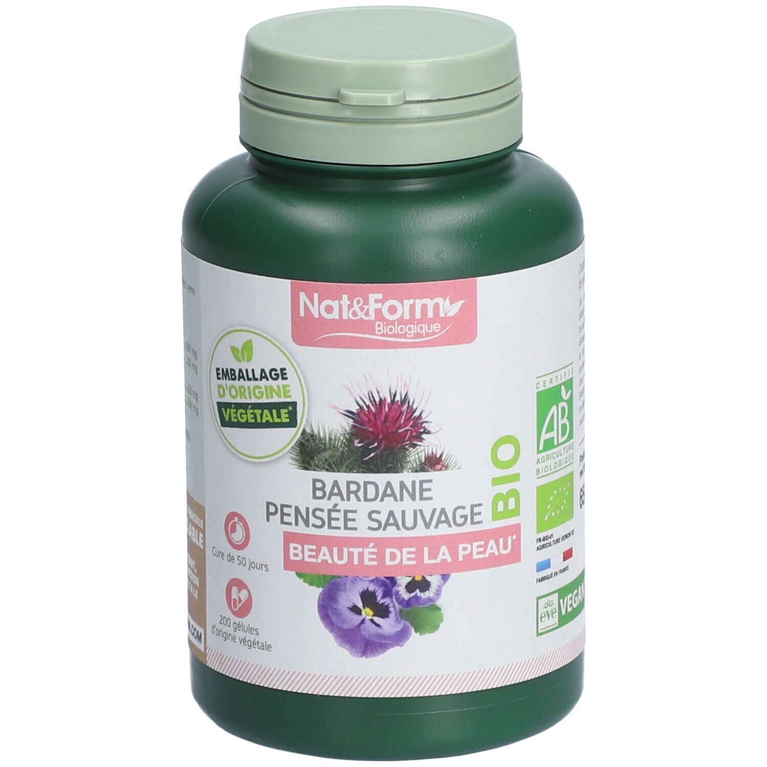 Grüne Flasche mit hellgrünem Deckel. Aufschrift: Nat&Form, BIO, Bardane Pensée Sauvage, Beauté de la Peau. Abbildung einer Distel und Stiefmütterchen.