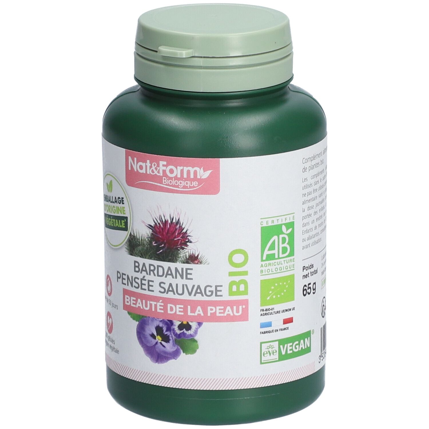 Grüne Flasche mit hellgrünem Deckel. Aufschrift: Nat&Form, BIO, Bardane Pensée Sauvage, Beauté de la Peau. AB-Zertifizierung, Vegan.