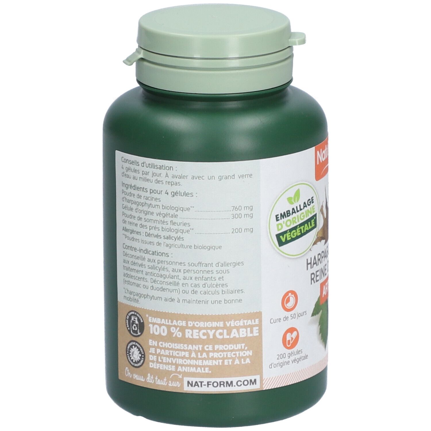 Rückseite der grünen Flasche. Enthält Informationen zu Inhaltsstoffen und Anwendung. Text: 100% recycelbar. Vegan-Logo.