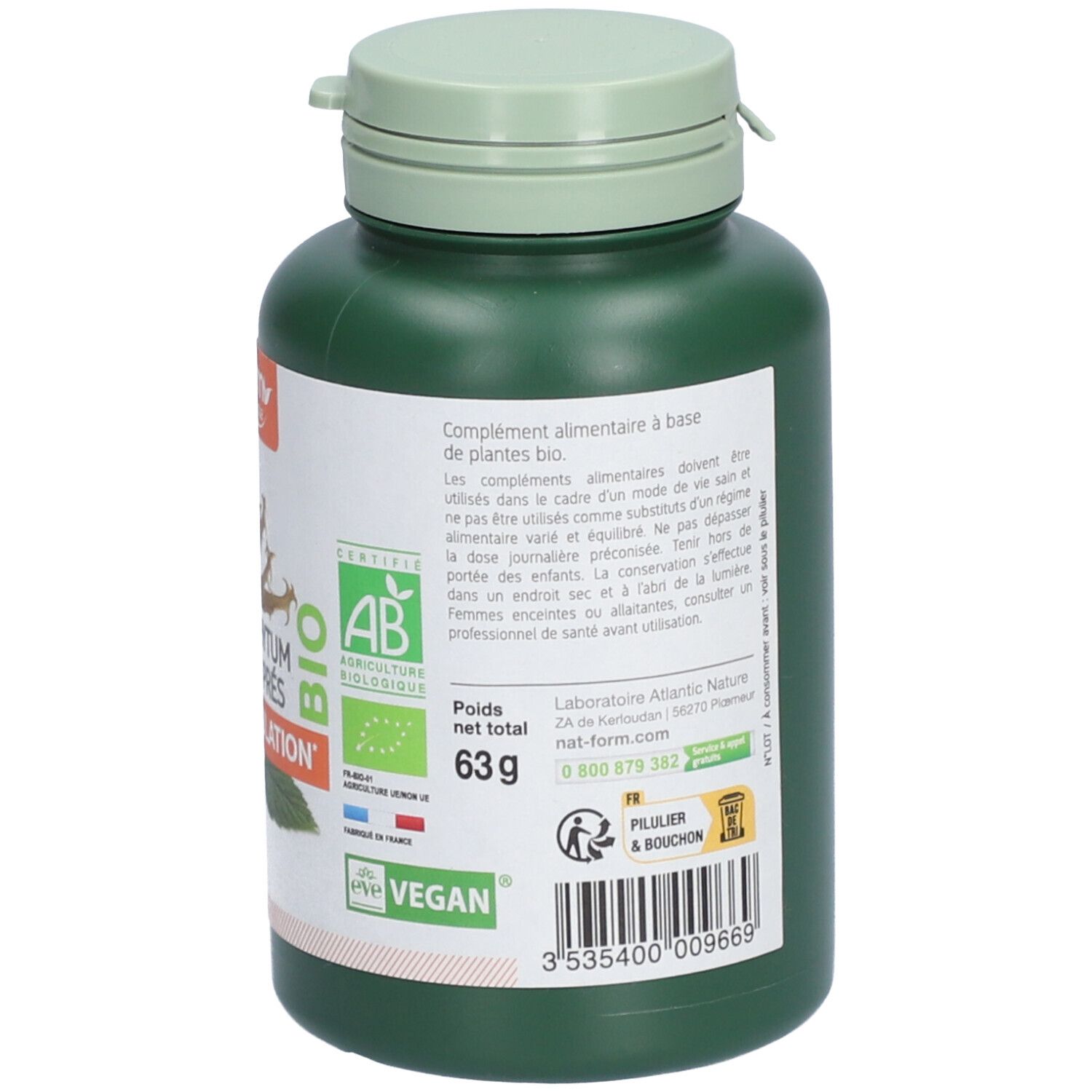 Rückseite der grünen Flasche. Enthält Informationen zu Inhaltsstoffen und Hersteller. Bio-Zertifizierung. Vegan-Logo.