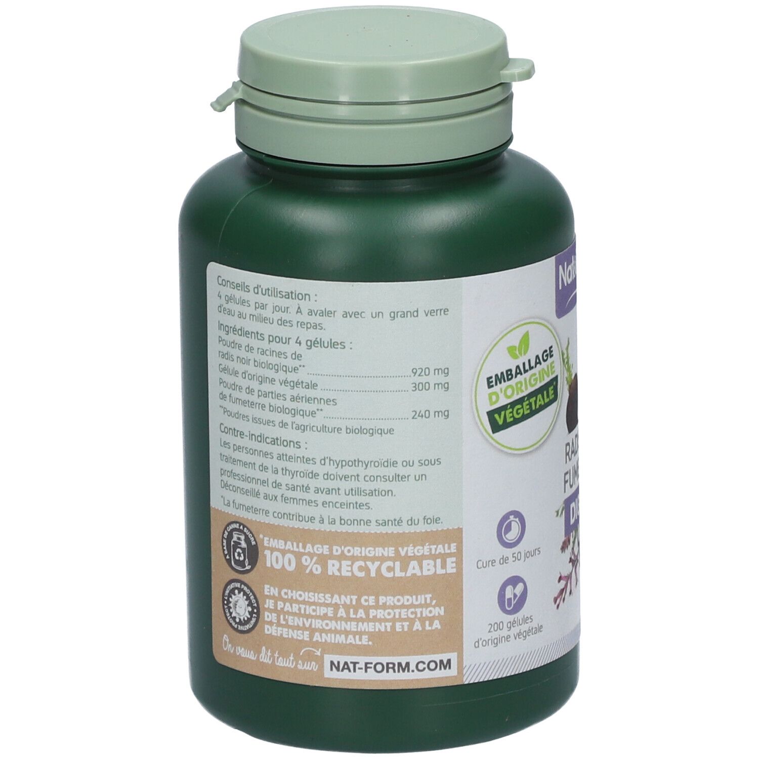 Rückseite der grünen Flasche. Enthält Informationen zu Inhaltsstoffen, Anwendung und Warnhinweisen. Mit Recycling- und Vegan-Siegel.