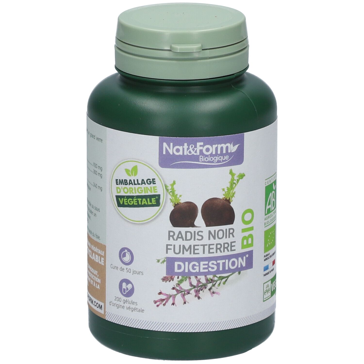 Grüne Flasche mit Kapseln. Aufschrift: Nat&Form, Radis Noir Fumeterre Digestion, Bio. Mit AB-Zertifizierung und Vegan-Siegel.