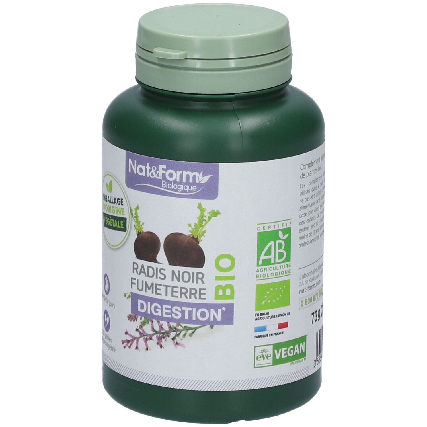 Grüne Flasche mit Kapseln. Aufschrift: Nat&Form, Radis Noir Fumeterre Digestion, Bio. Mit AB-Zertifizierung und Vegan-Siegel.