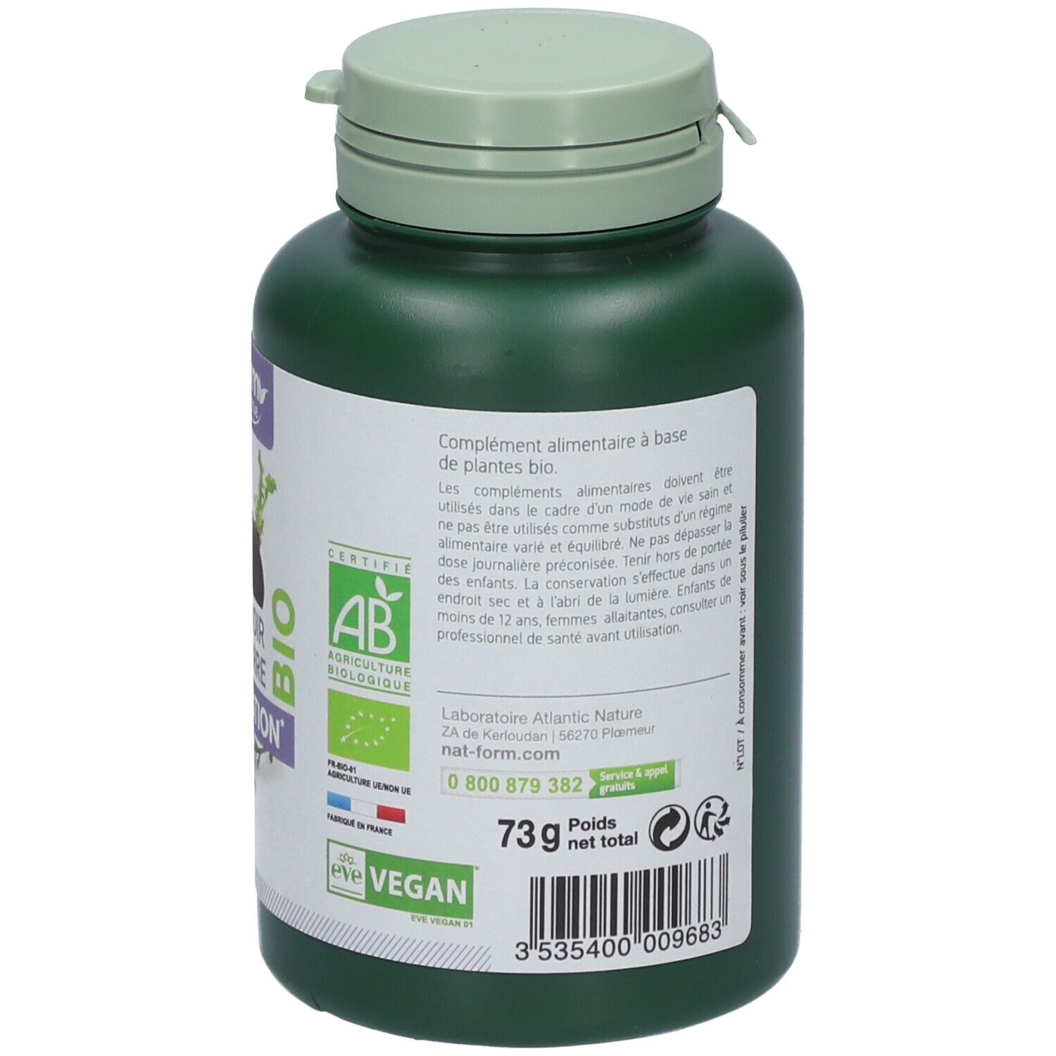 Rückseite der grünen Flasche. Enthält Informationen zu Inhaltsstoffen, Anwendung und Warnhinweisen. Mit Recycling- und Vegan-Siegel.