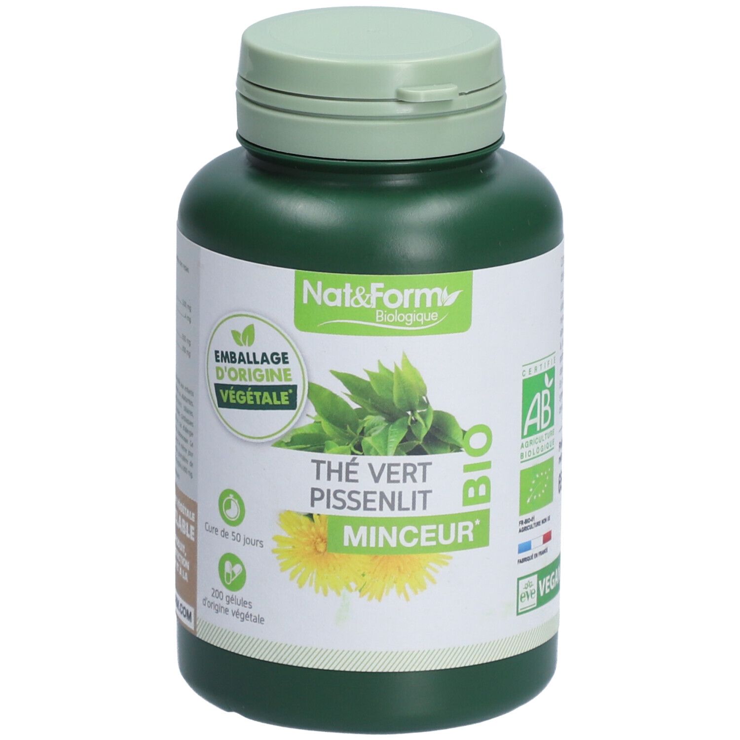 Flacon vert avec couvercle vert. Étiquette avec nom du produit, feuilles et fleur jaune. Certification bio.