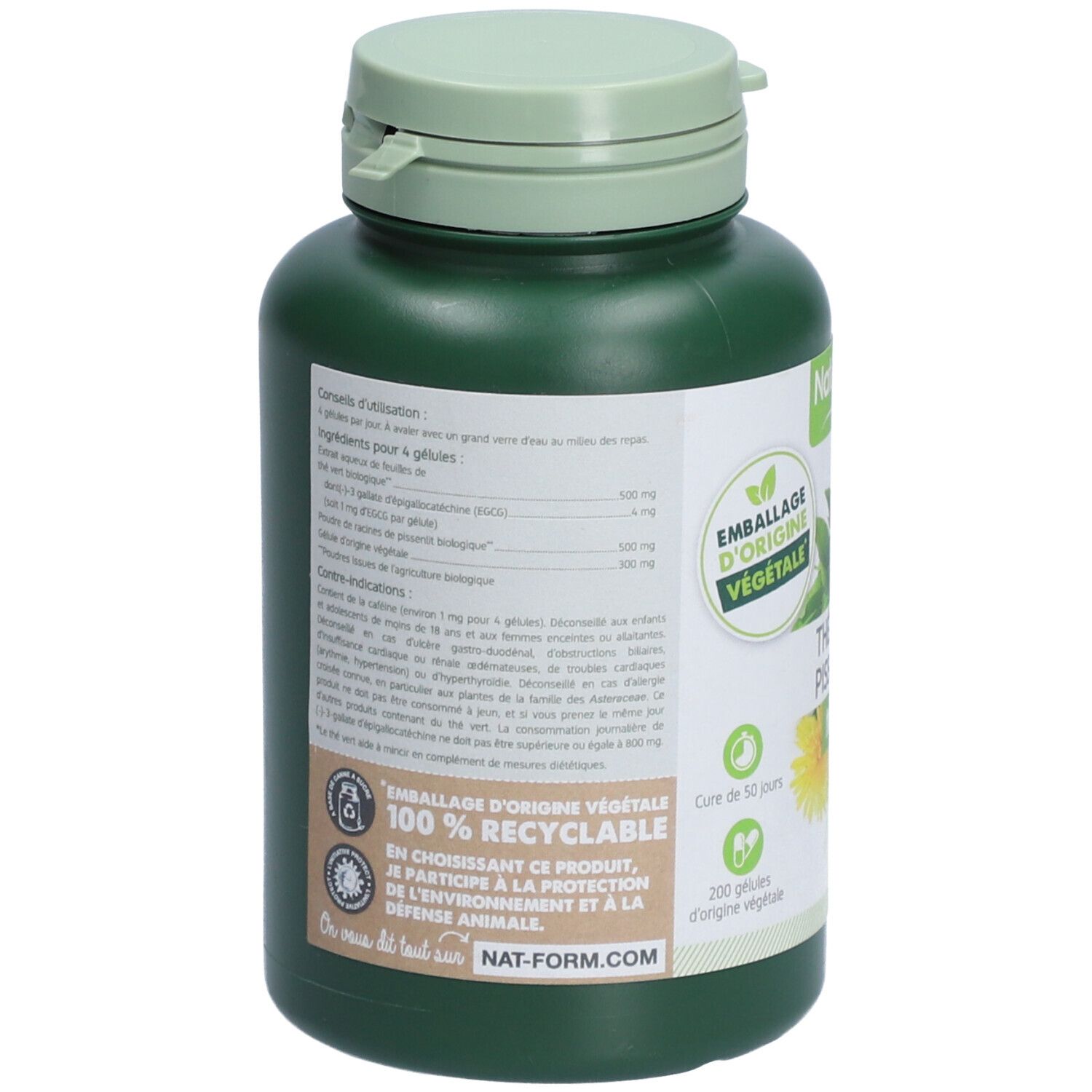 Dos d'un flacon vert. Étiquette avec ingrédients, mode d'emploi et logo de recyclage. Marque : Nat-Form.