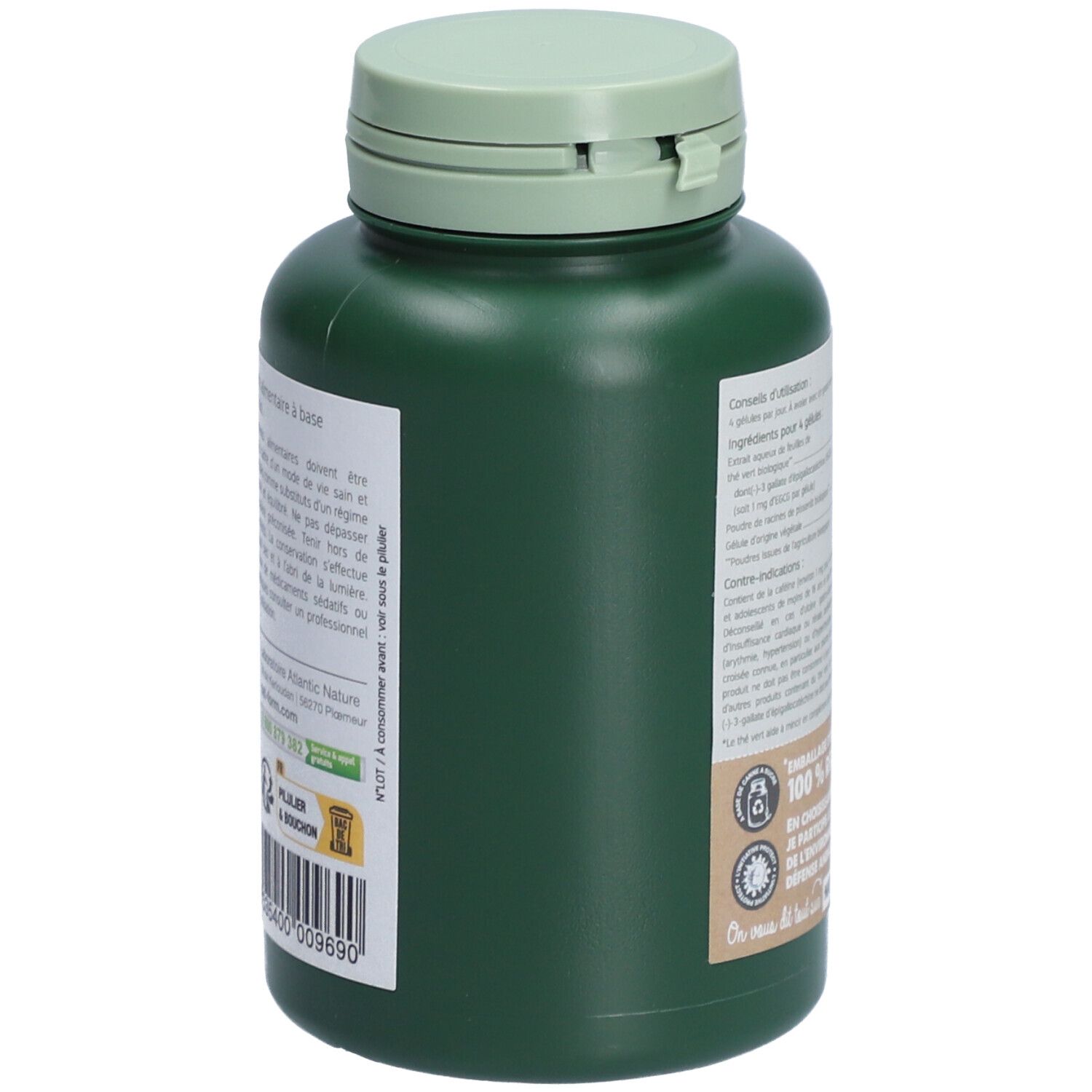 Flacon vert, vue latérale. Étiquettes avec texte. Couvercle vert. Nom du produit partiellement visible.