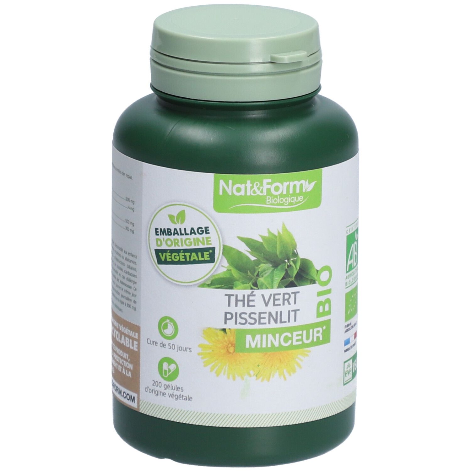 Flacon vert avec couvercle vert. Étiquette avec nom du produit, feuilles et fleur jaune. Certification bio.