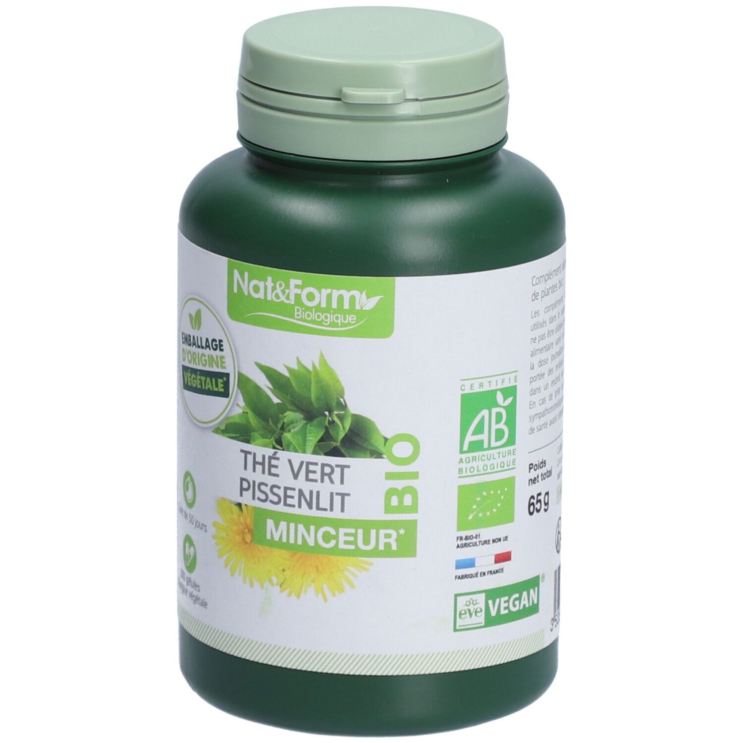 Flacon vert avec couvercle vert. Étiquette avec nom du produit, feuilles et fleur jaune. Certification bio. 65g.