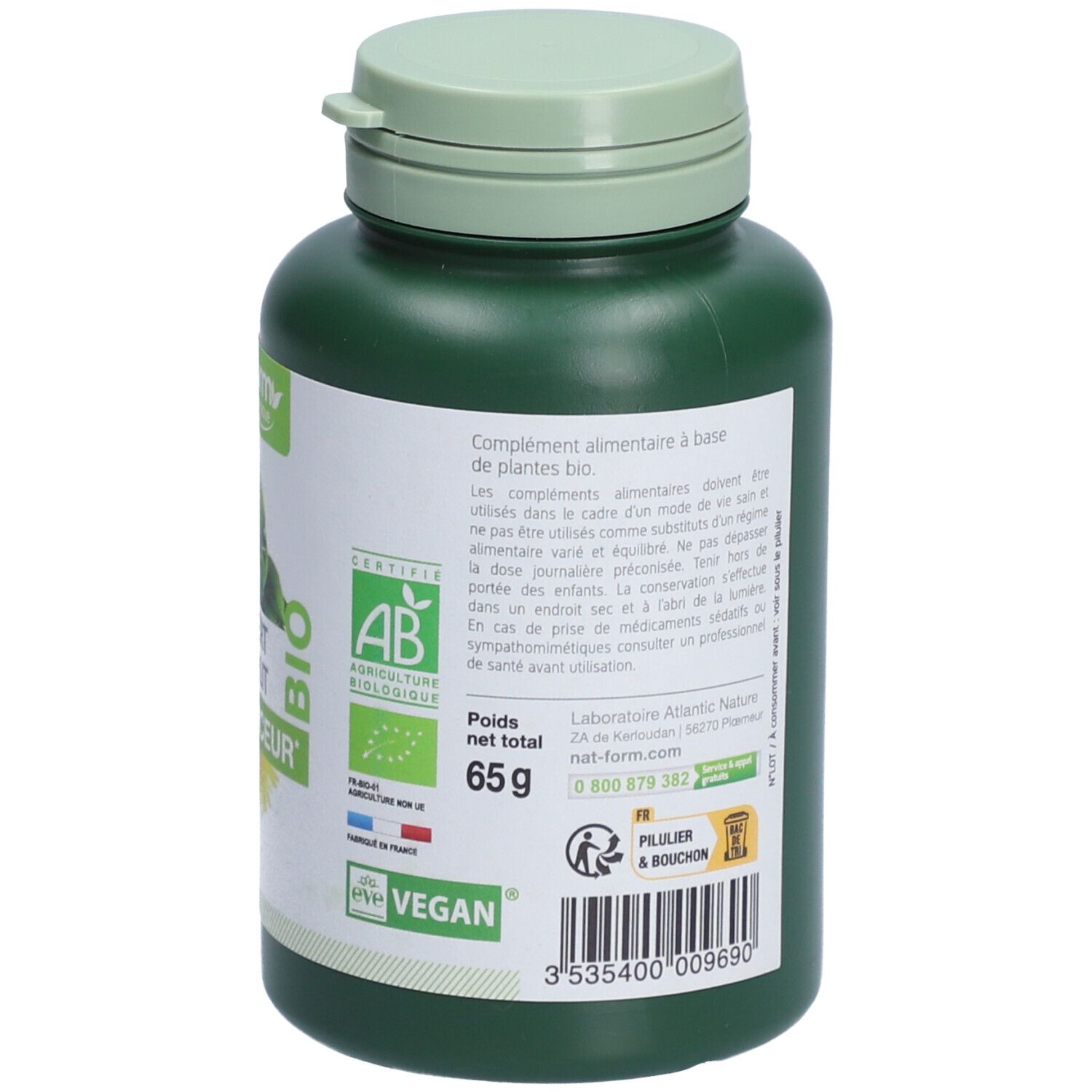 Dos d'un flacon vert. Étiquette avec ingrédients, certification bio, poids 65g. Logo vegan.