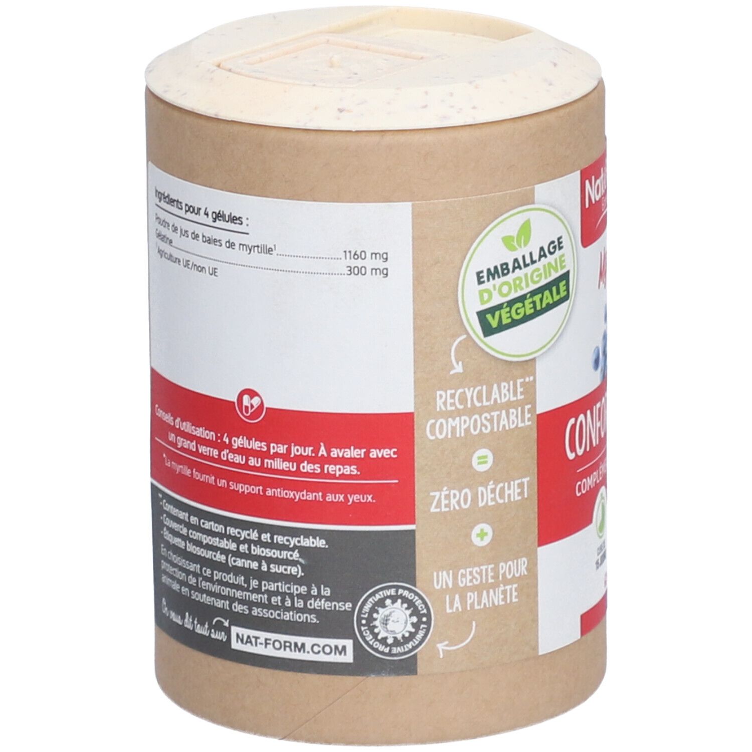 Dos de la boîte avec informations nutritionnelles et conseils d'utilisation. Emballage végétal, recyclable et compostable.