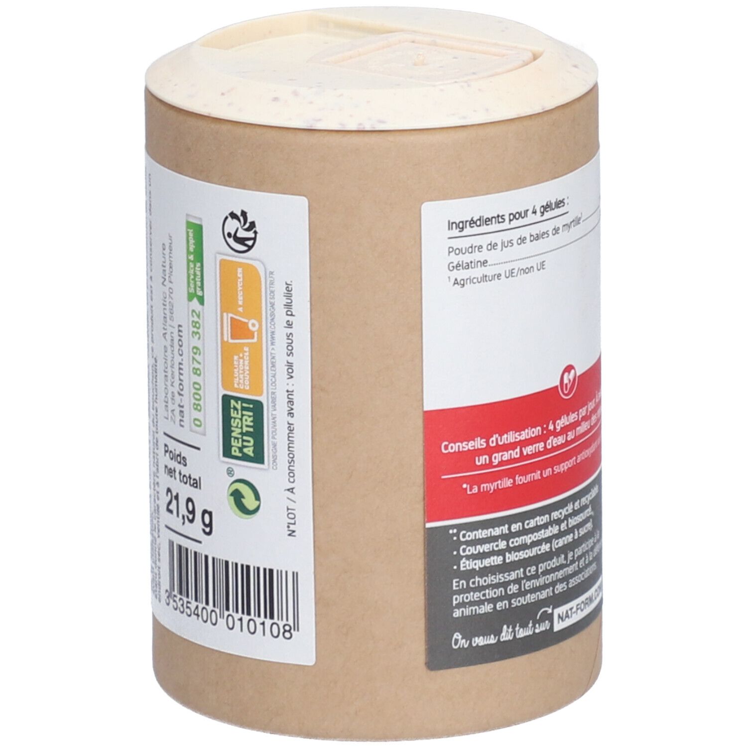 Boîte avec informations nutritionnelles et poids net: 21,9 g. Emballage végétal, recyclable et compostable.