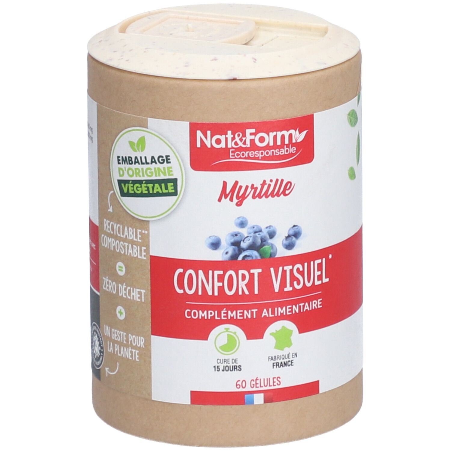 Boîte cylindrique "Nat&Form Myrtille" avec 60 gélules. Emballage d'origine végétale, recyclable et compostable.