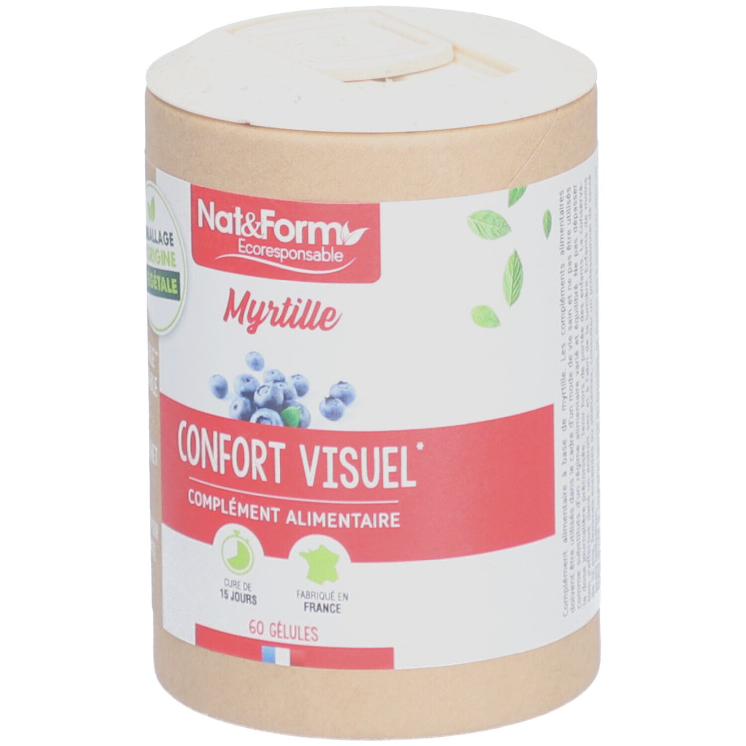 Boîte cylindrique "Nat&Form Myrtille" avec 60 gélules. Emballage d'origine végétale, recyclable et compostable.