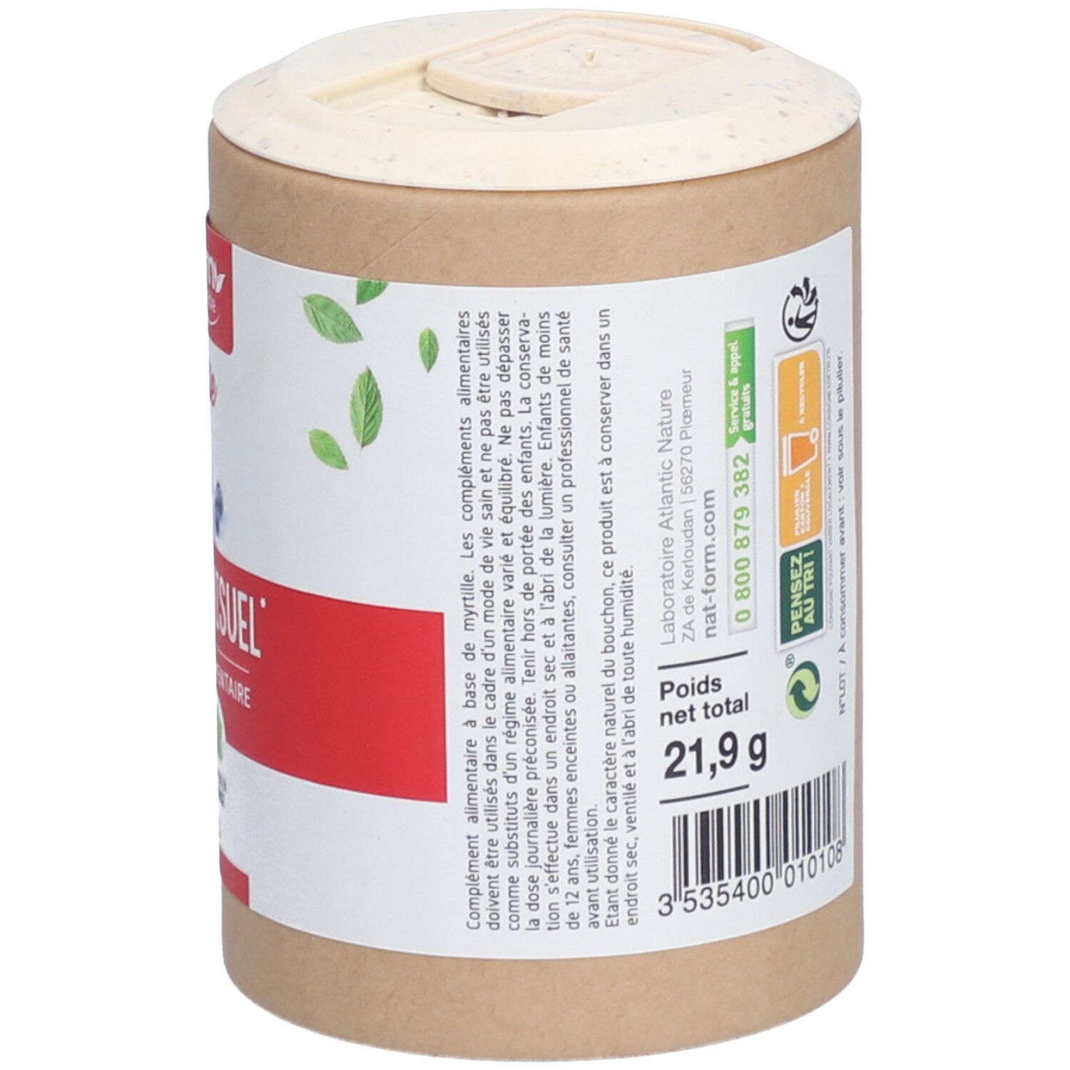 Dos de la boîte avec informations nutritionnelles et poids net: 21,9 g. Emballage végétal, recyclable et compostable.